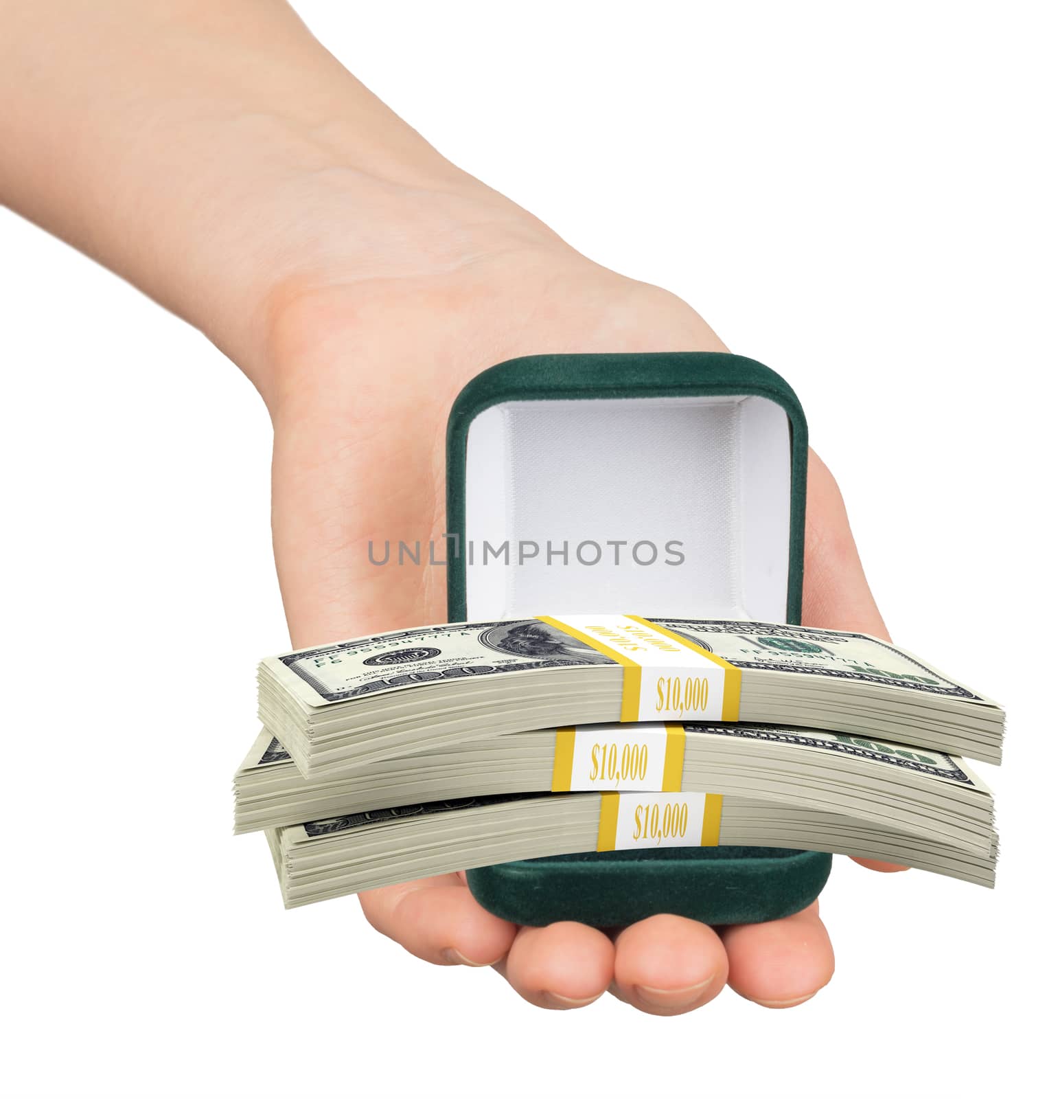 Empty green ring box with cash in womans hand by cherezoff
