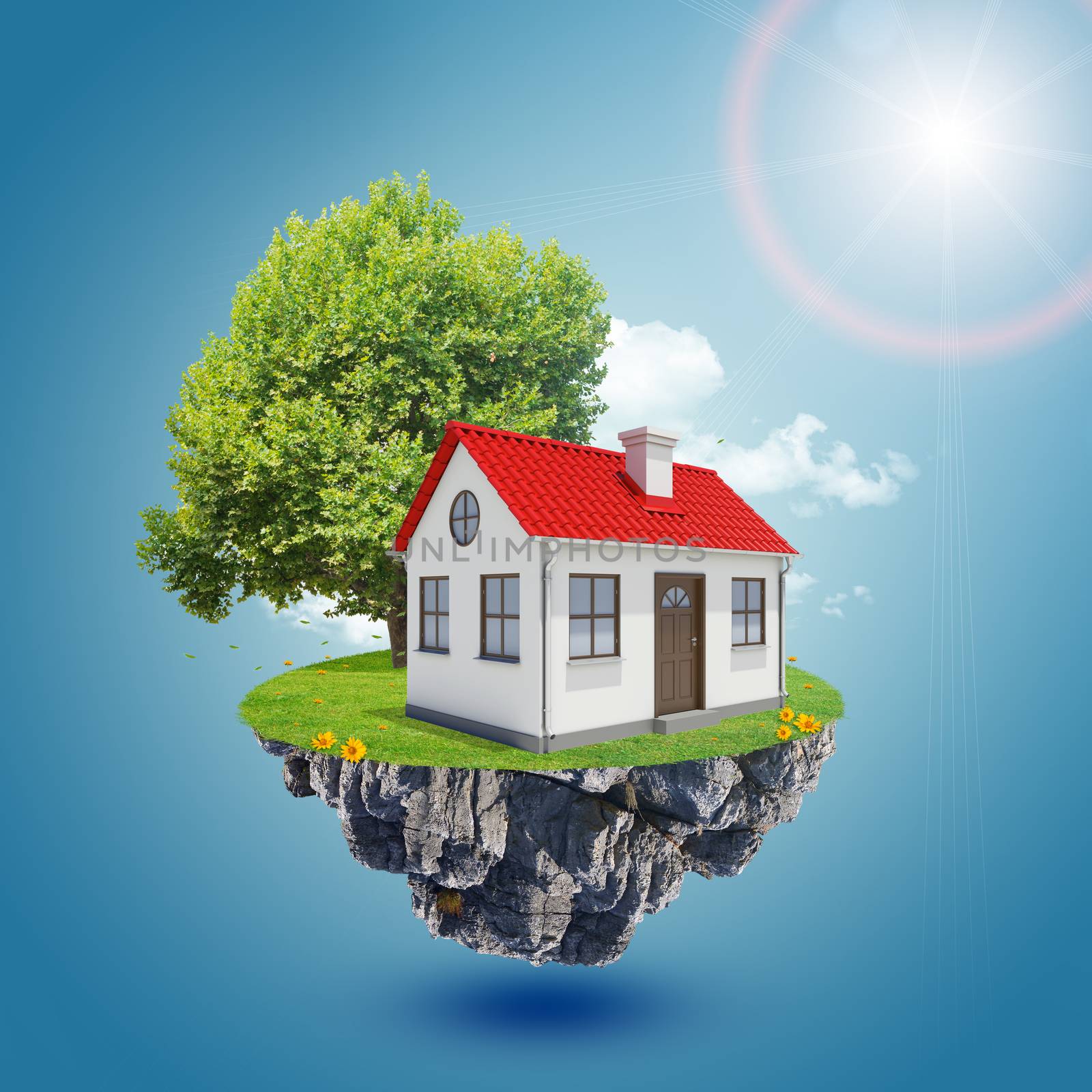 House on island with tree on abstract blue background
