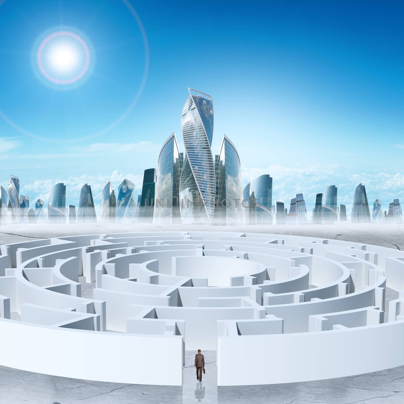 Business cityscape with labyrinth and man by cherezoff