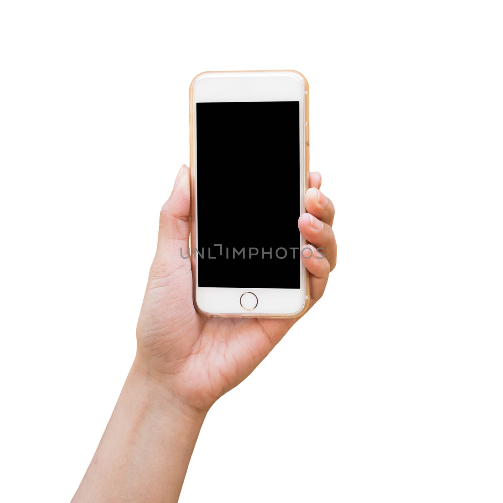 Hand holding white Smartphone on yellow wall background by powerbeephoto