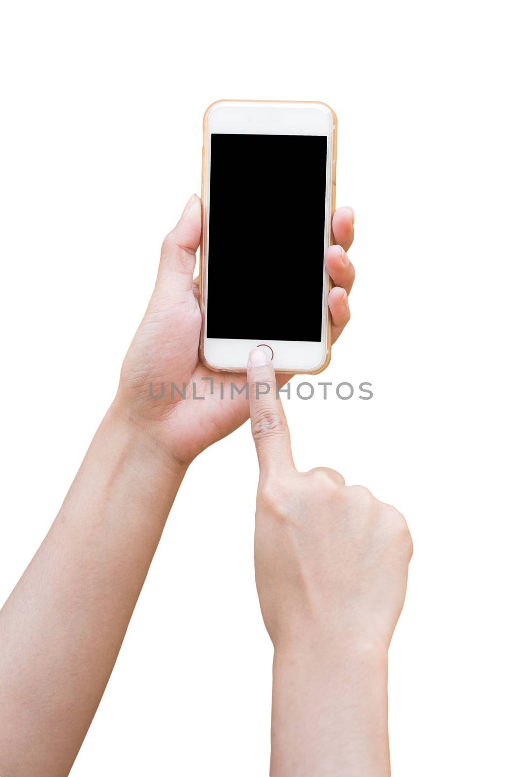 Hand holding white Smartphone on white wall background by powerbeephoto