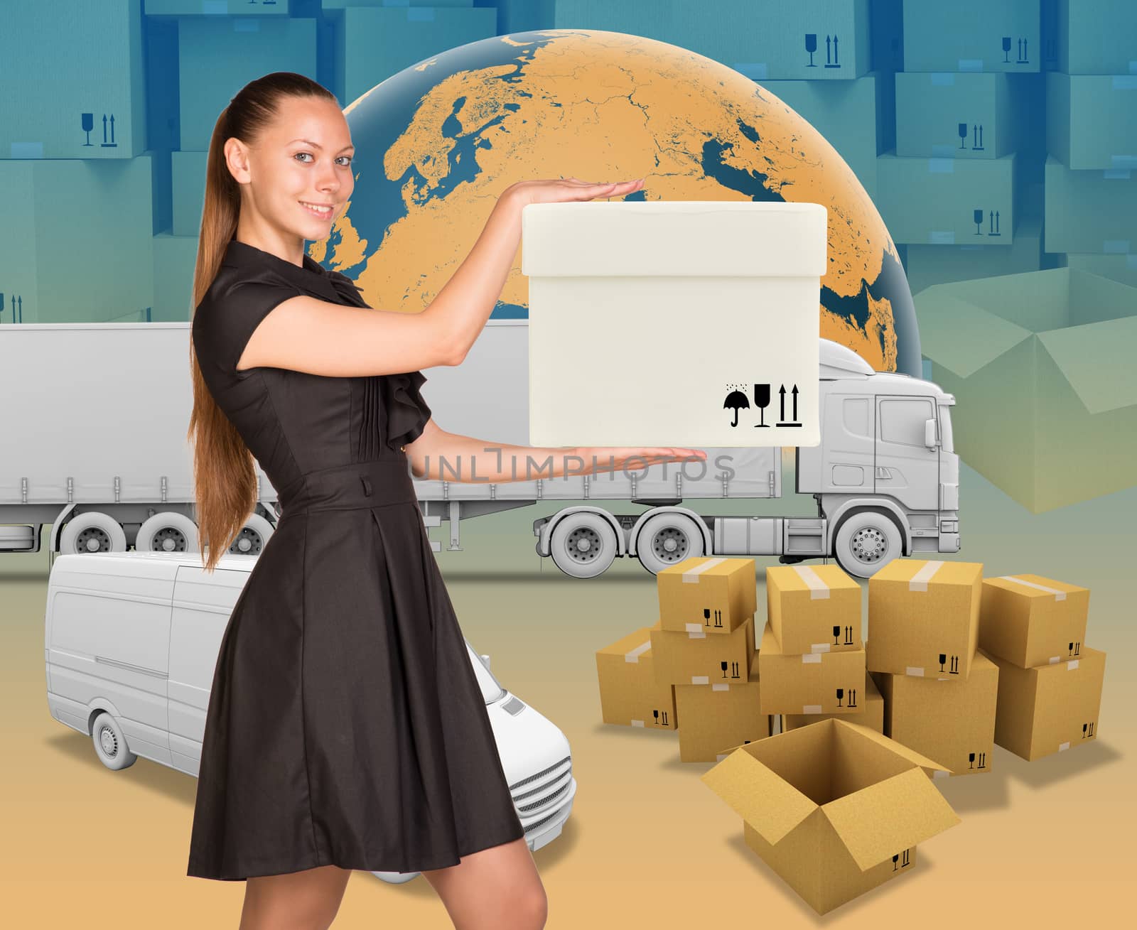 Smiling businesswoman holding white box by cherezoff