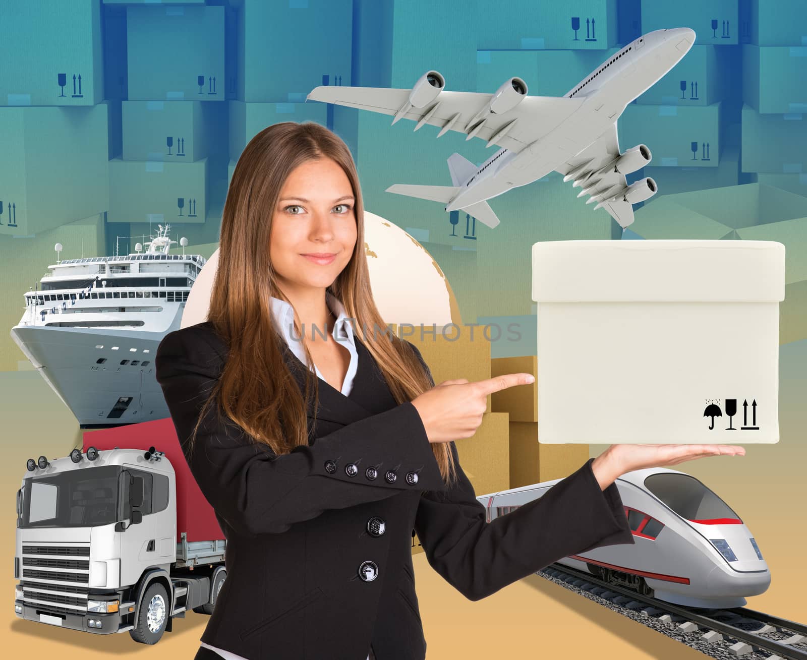 Businesswoman holding white box on abstract background with transport
