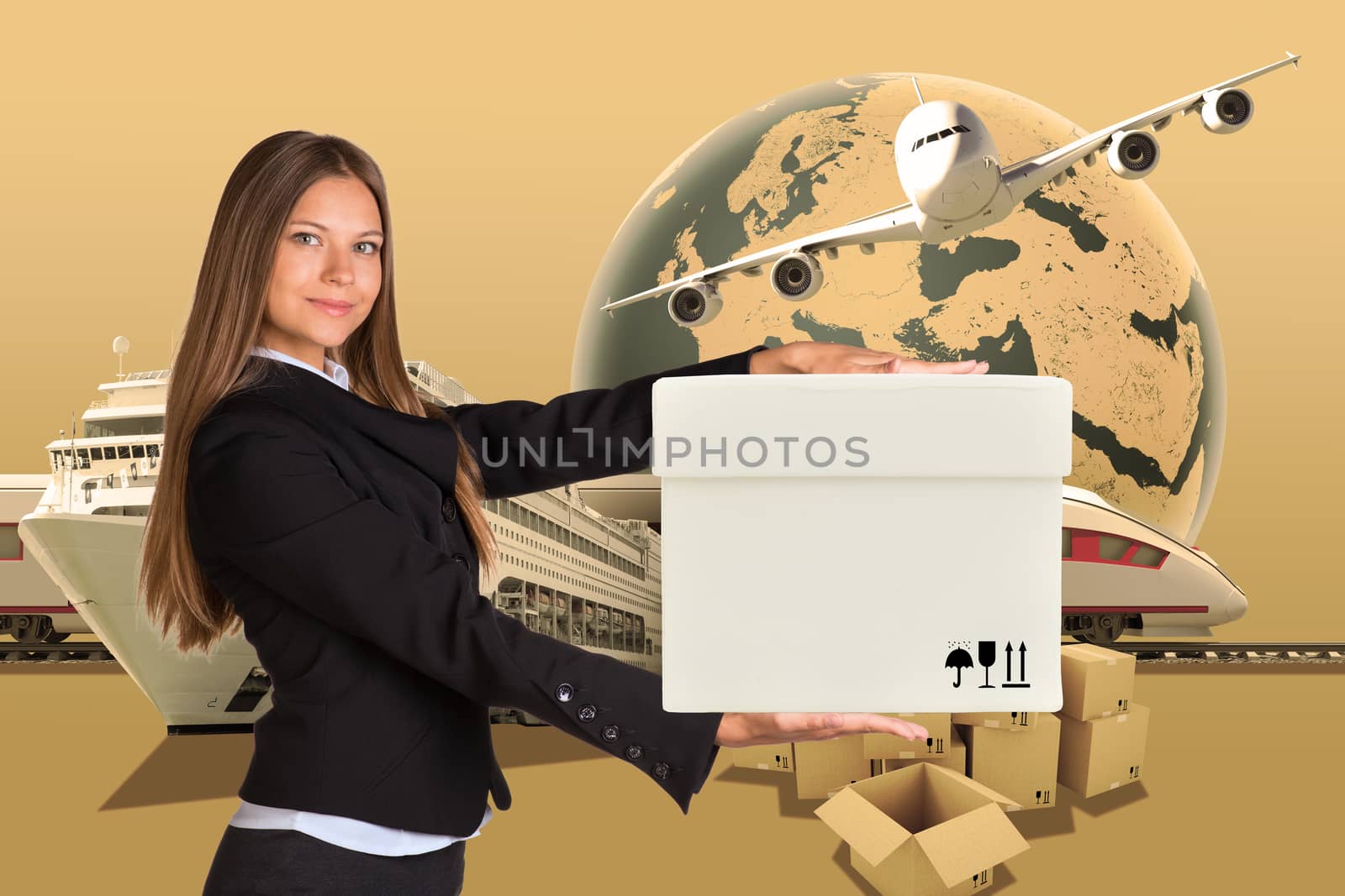 Businesswoman holding box and looking at camera by cherezoff