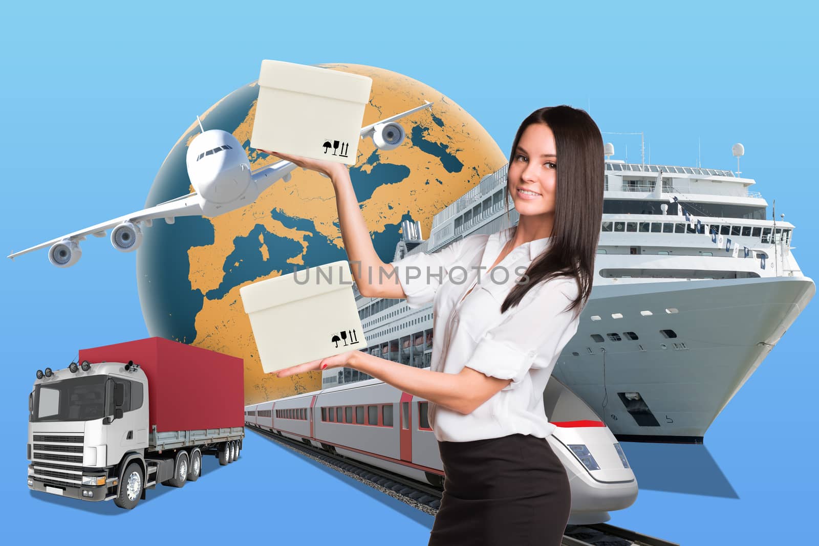 Smiling businesslady holding two boxes by cherezoff