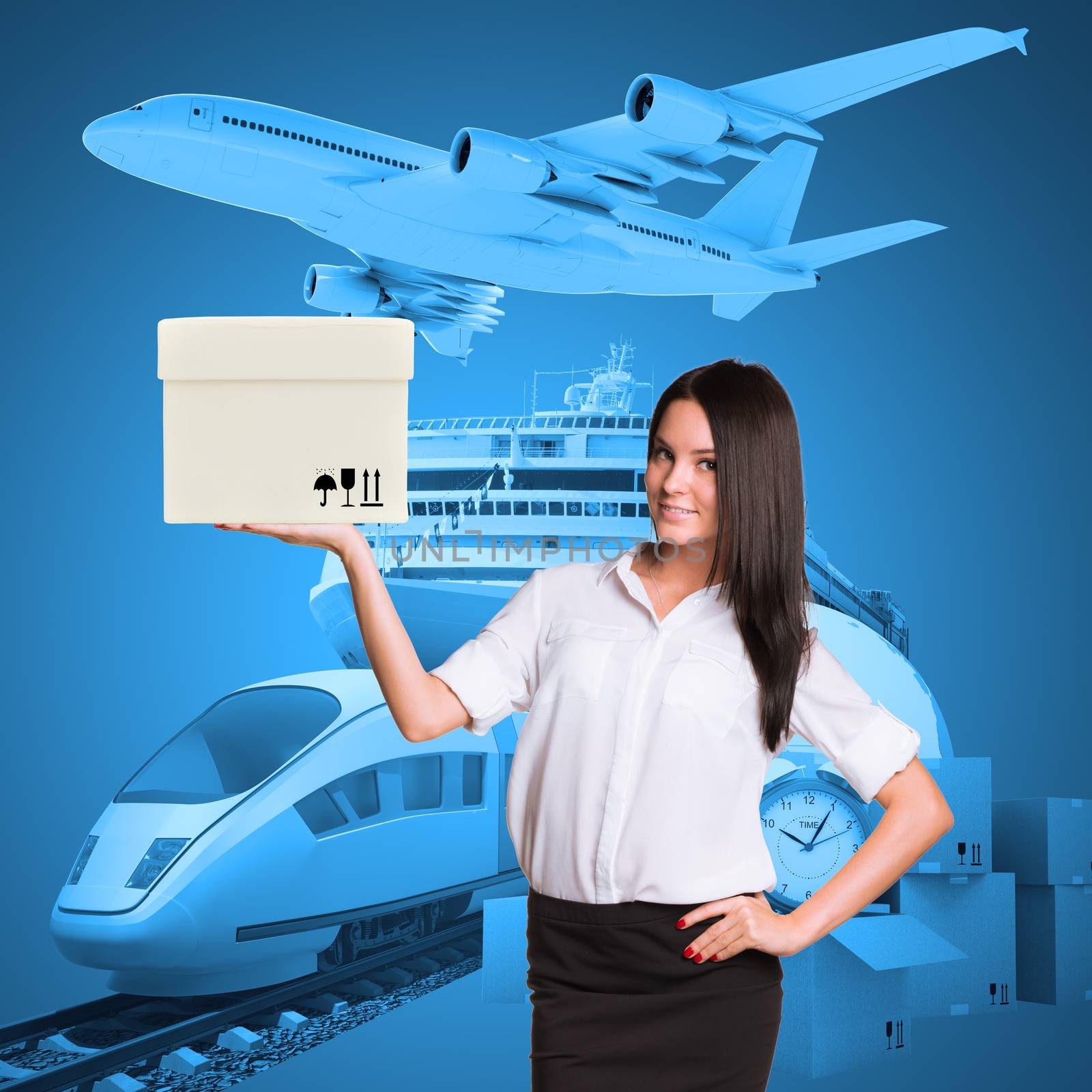 Businesswoman holding white box on abstract background with transport