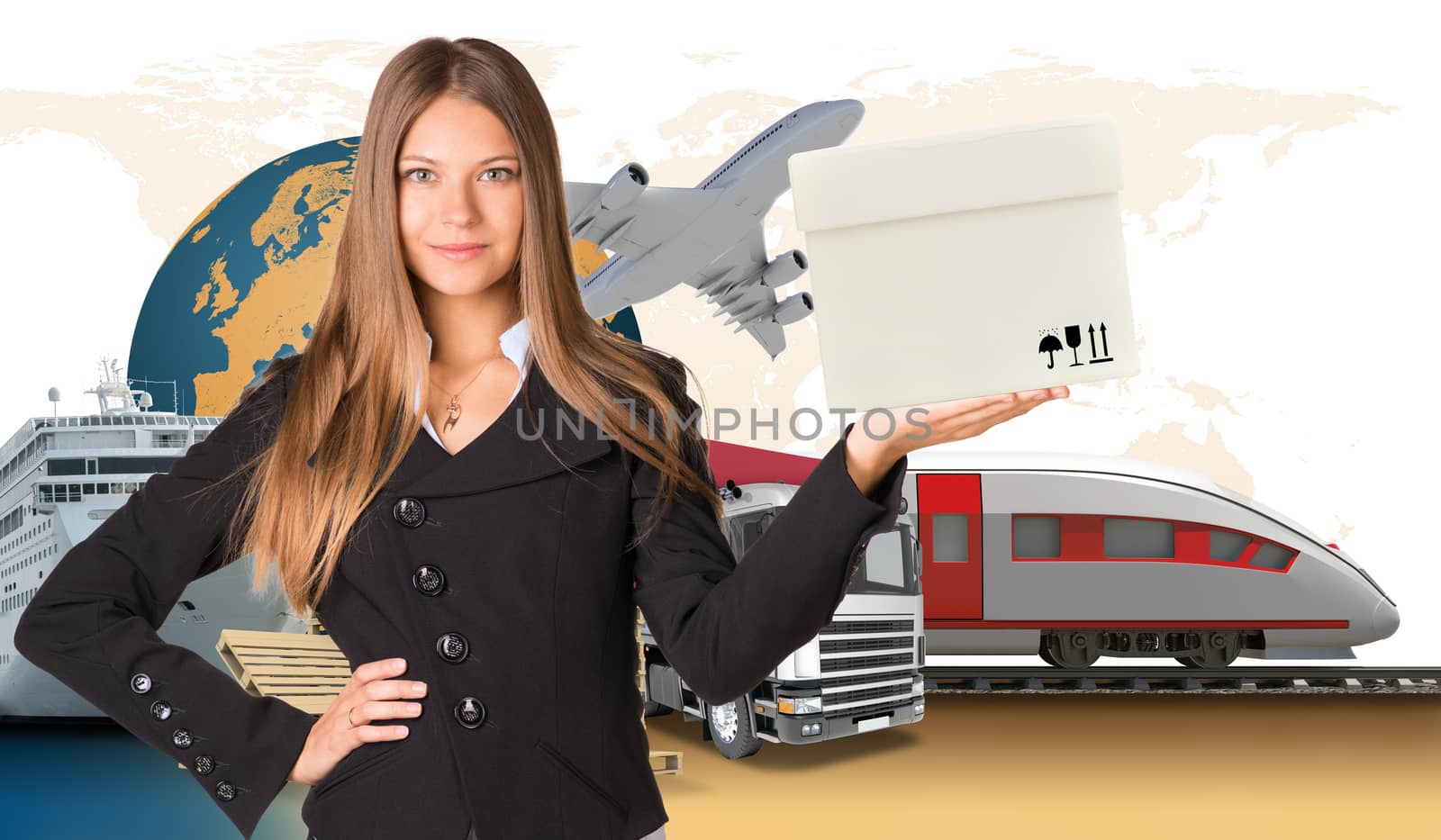 Young lady holding white box on abstract background with transport