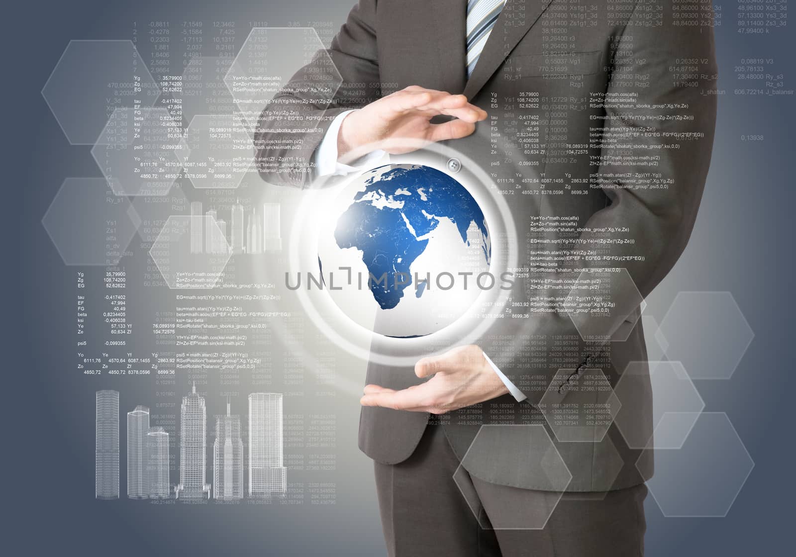 Businessman with planet between his hands on abstract background