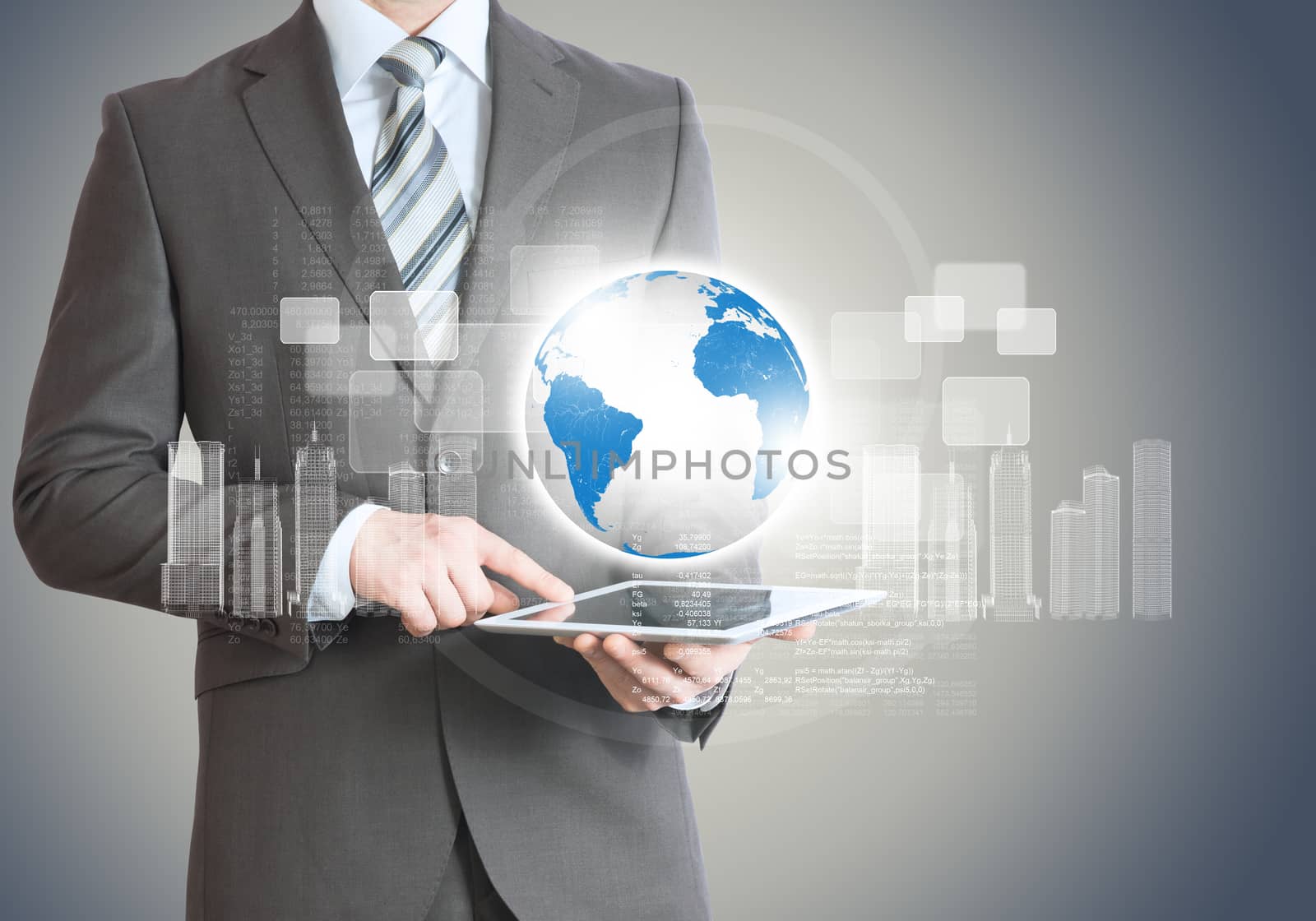 Businessman with tablet and planet on abstract background