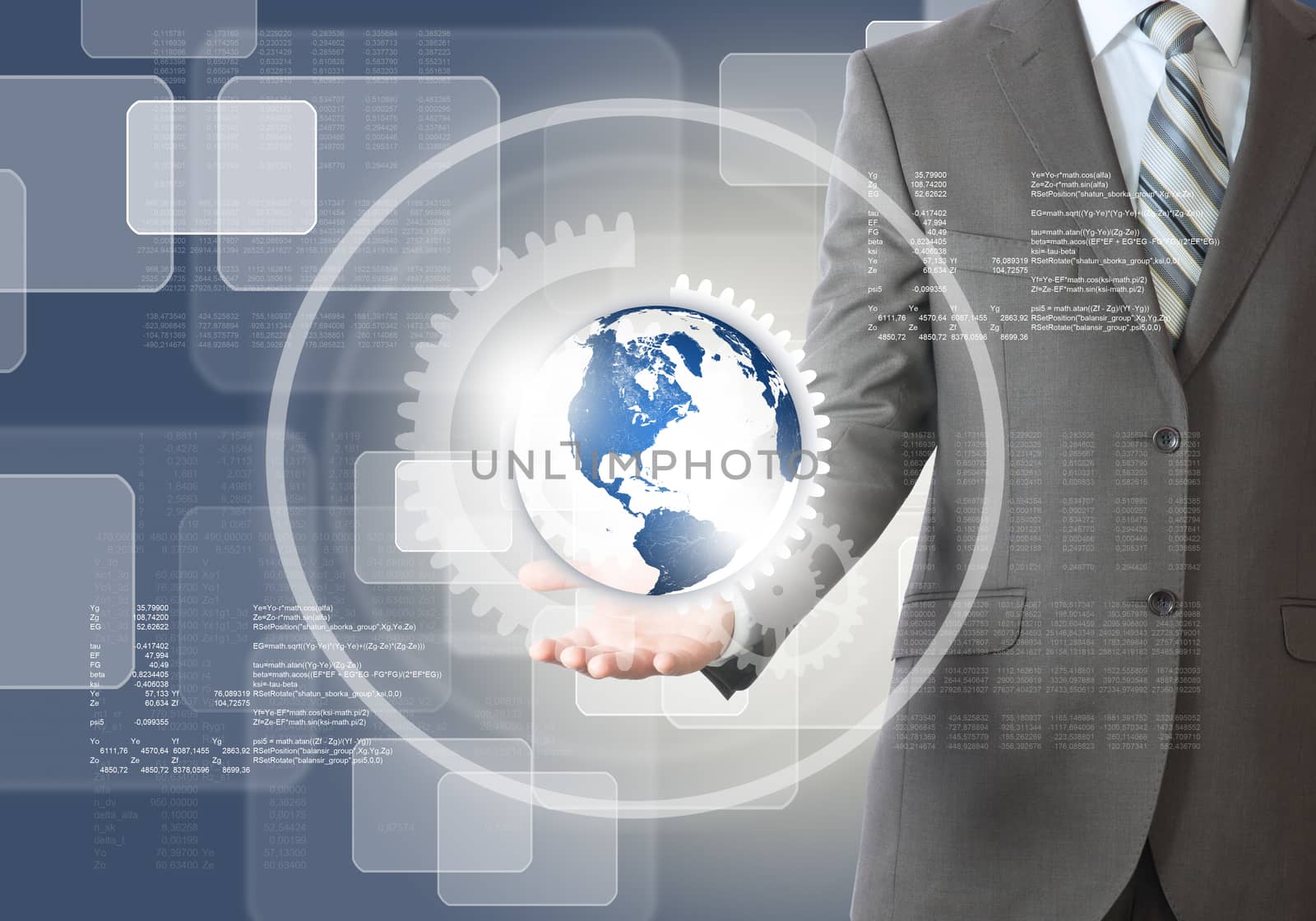 Businessman with planet in arm on abstract background