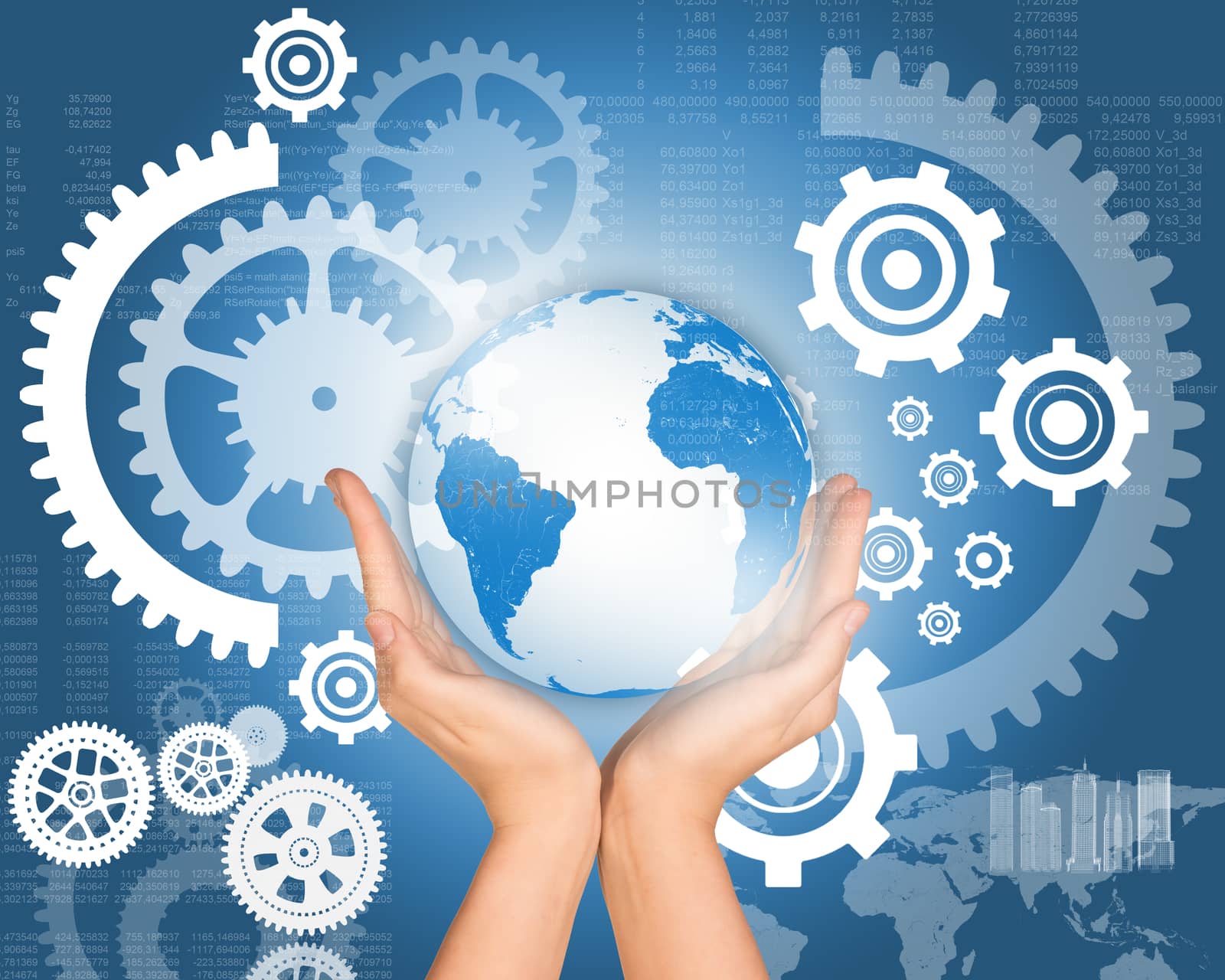 Womans hands with planet on abstract background with cog wheels