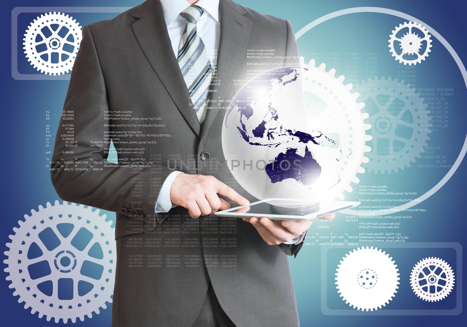 Businessman with tablet and planet on abstract background