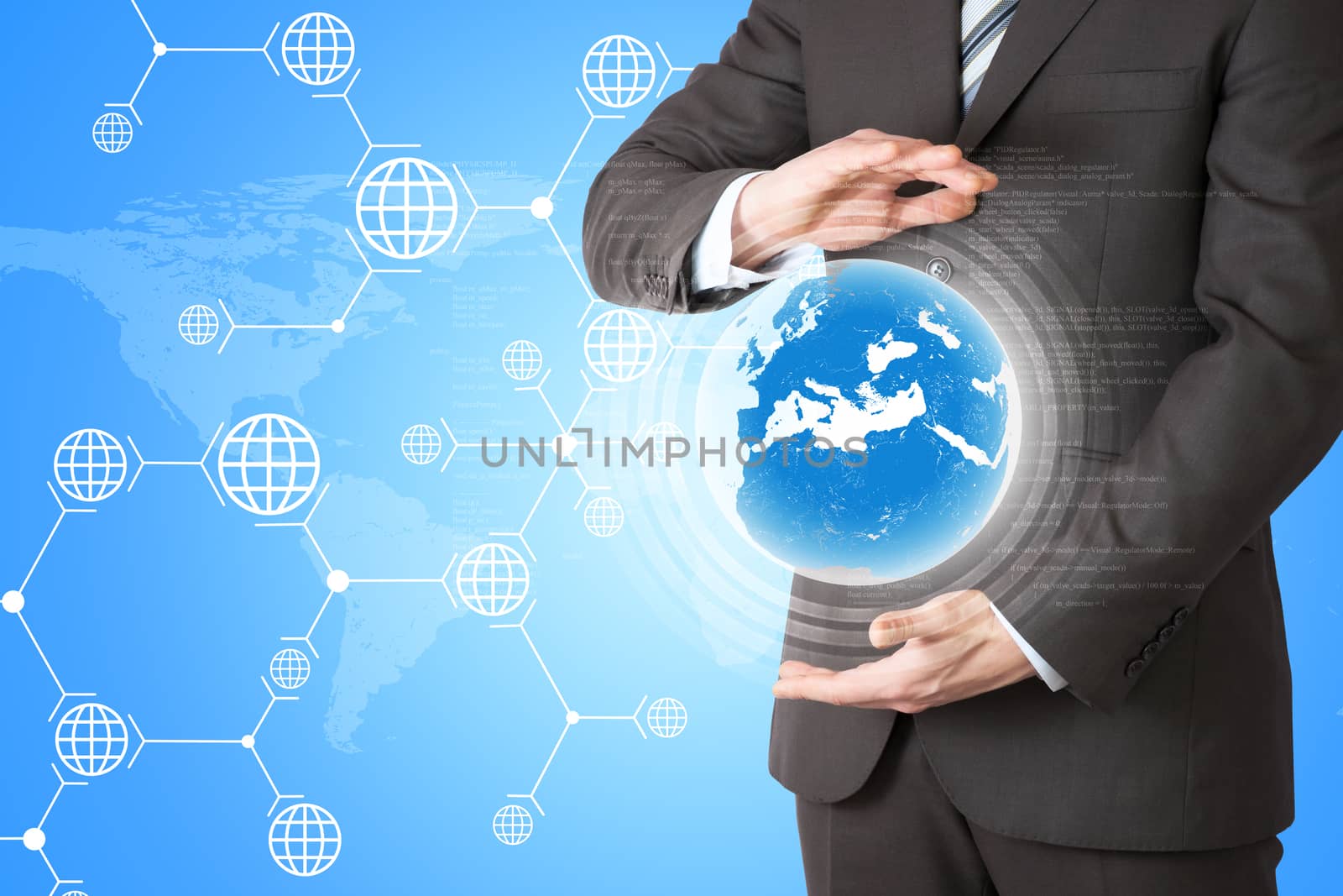 Businessman with planet between his hands on abstract background