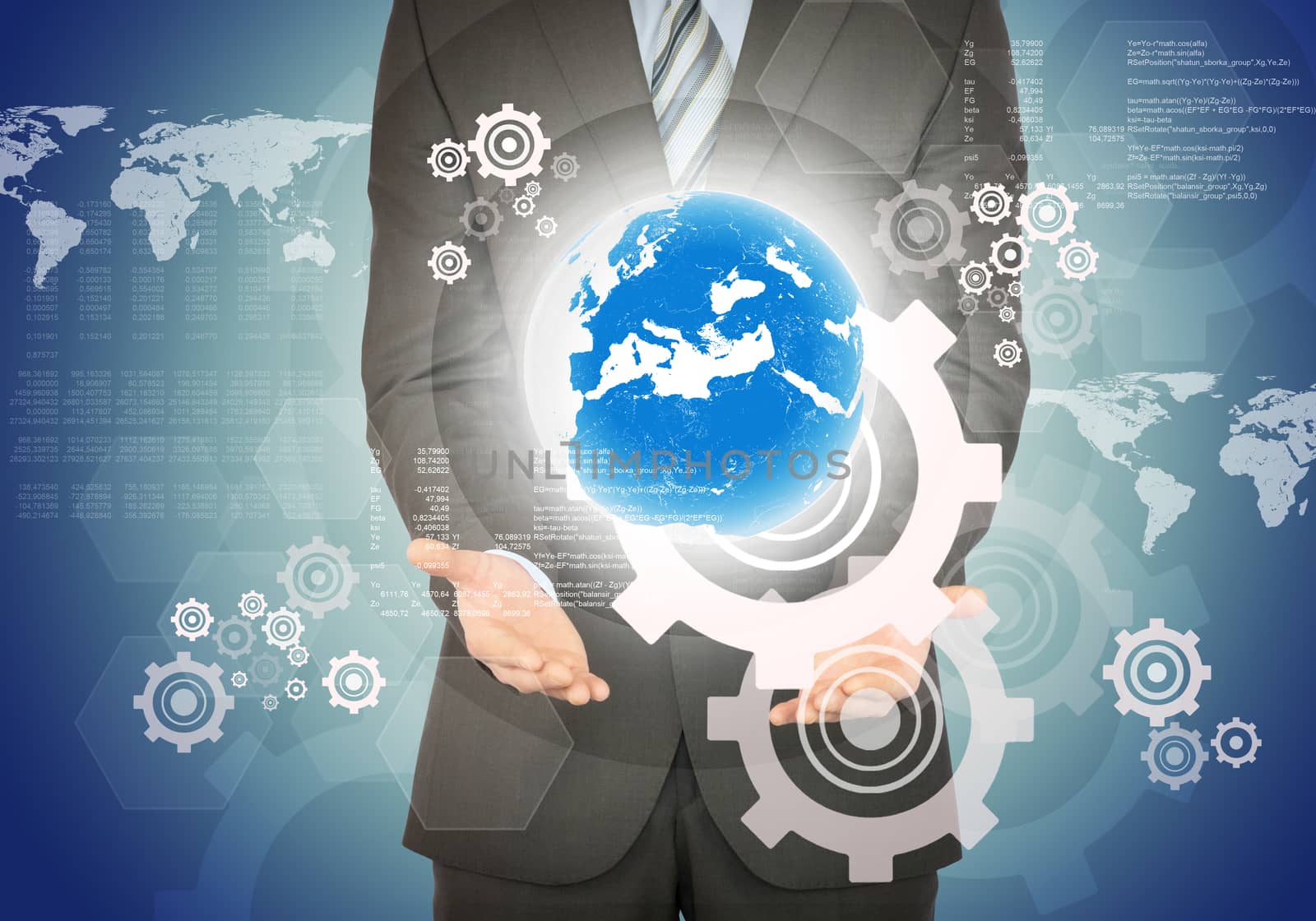 Businessman with planet above his hands on abstract background