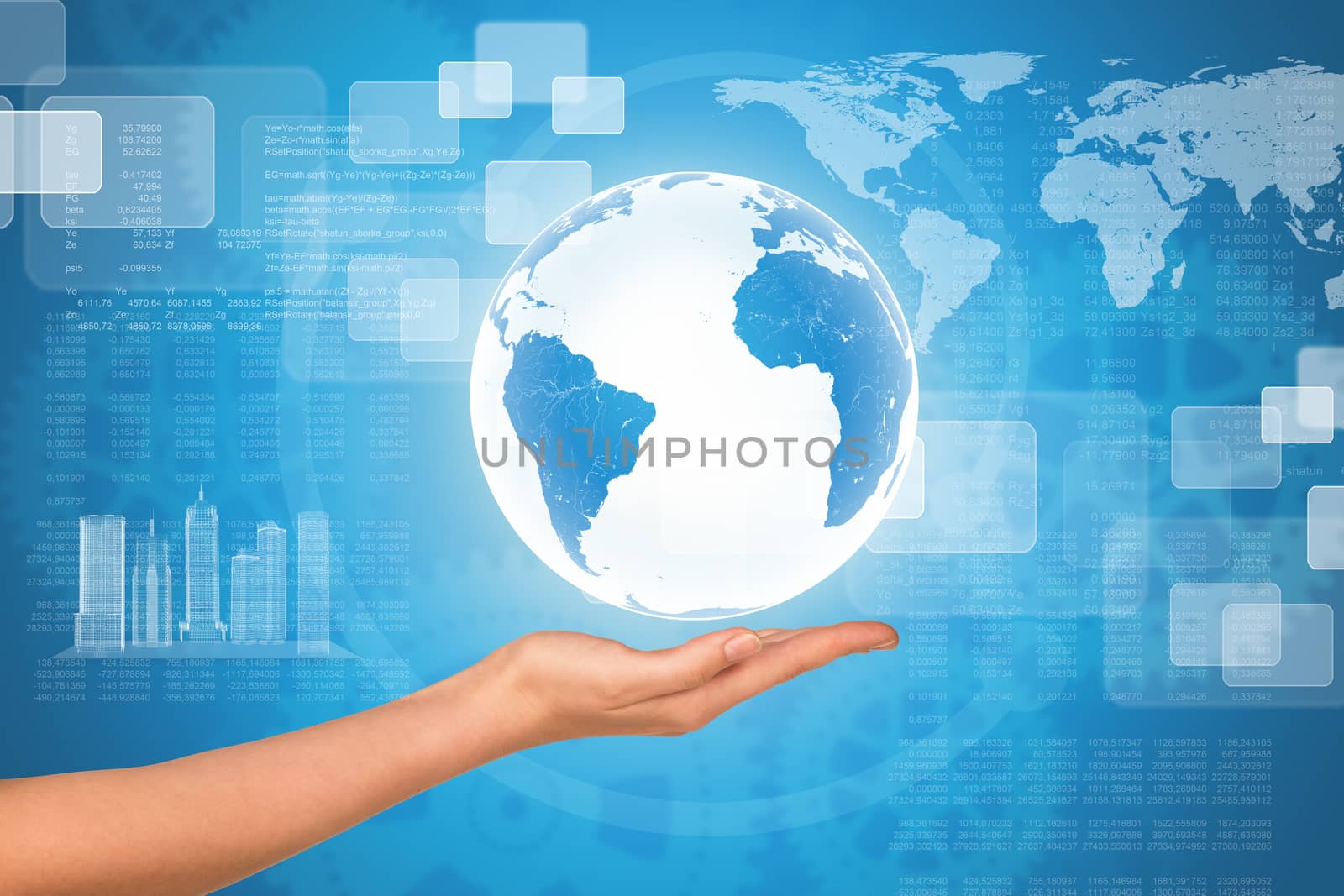 Womans hand with Earth globe on abstract background with world map