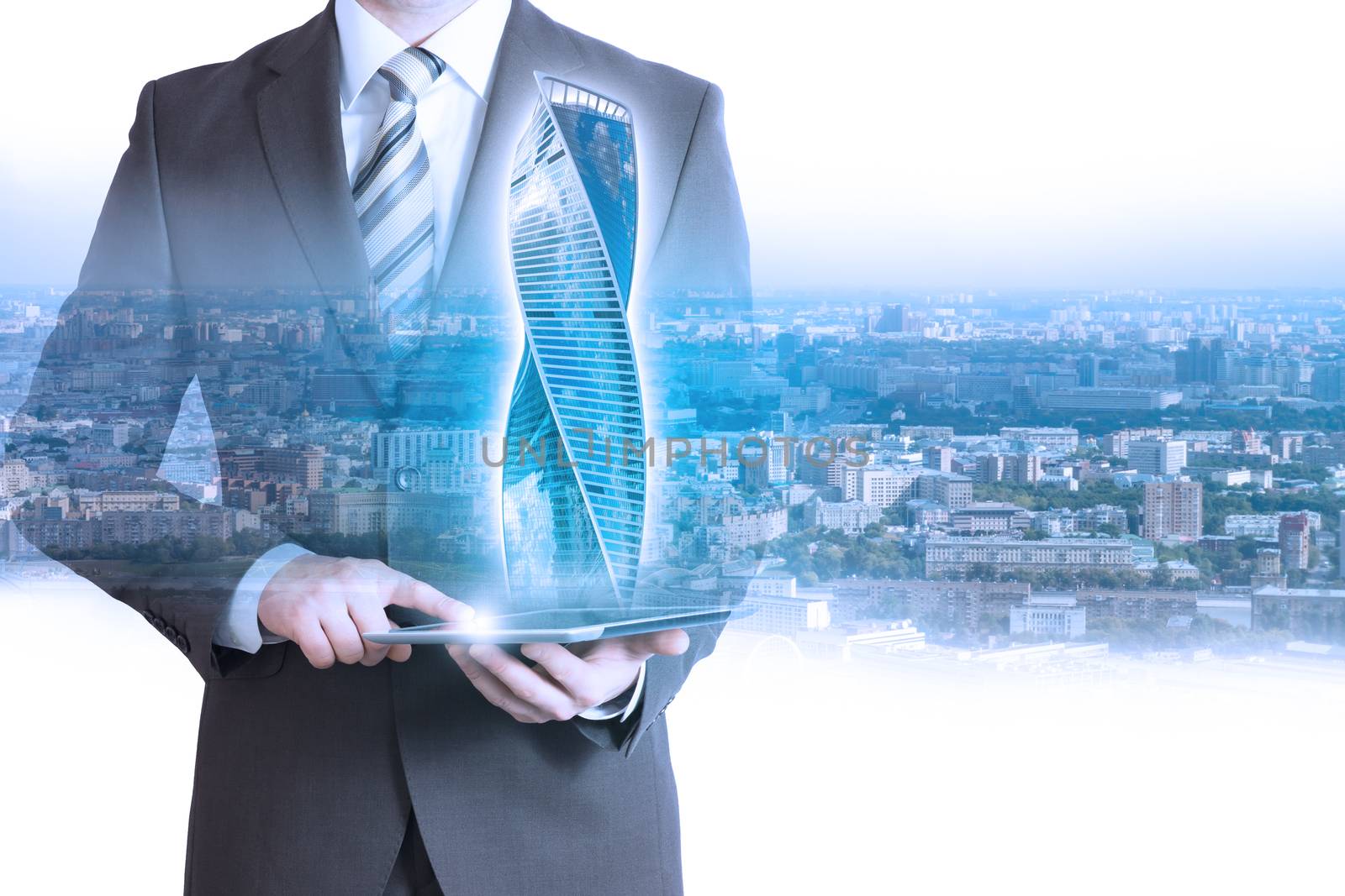 Businessperson holding tablet with 3d building model on cityscape background