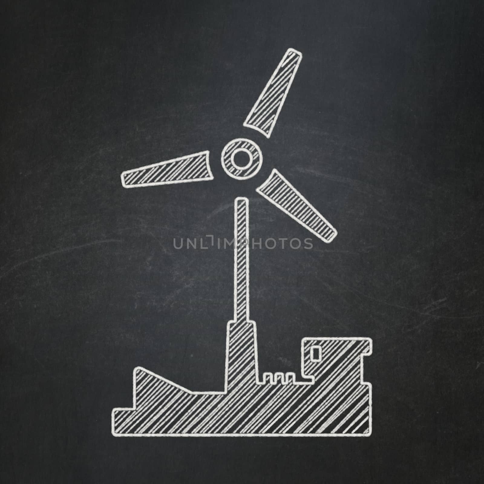 Manufacuring concept: Windmill on chalkboard background by maxkabakov