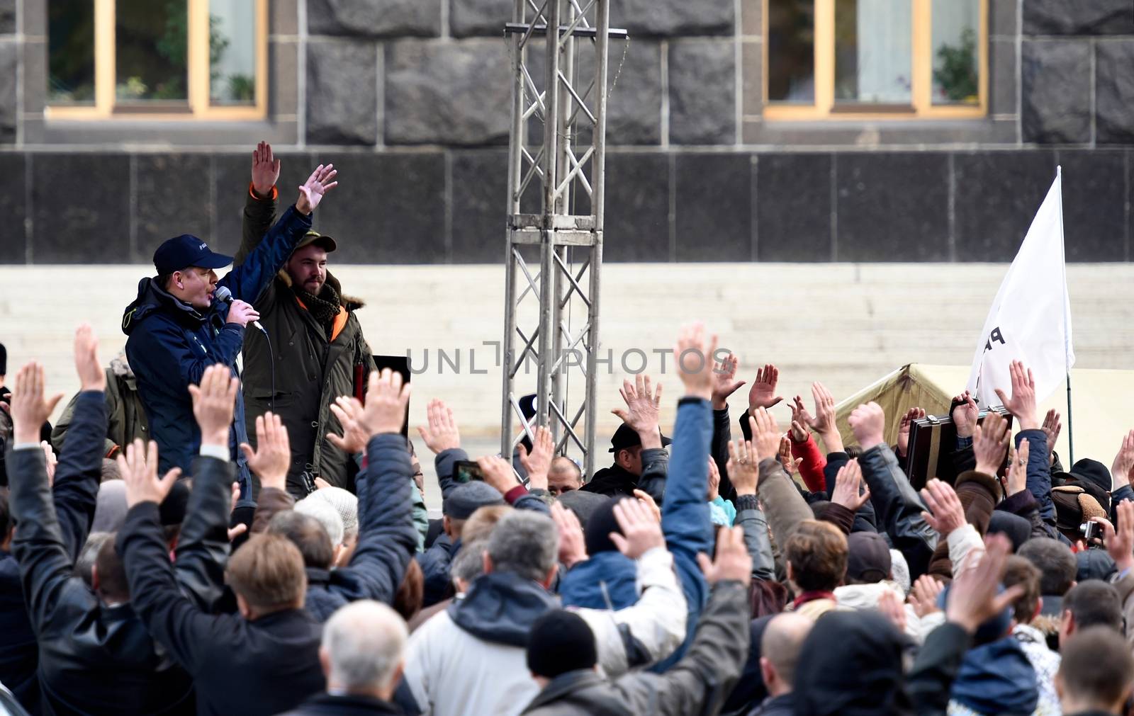 UKRAINE, Kiev: Radical Party leader Oleg Lyashko leads a protest outside the Cabinet of Ministers in Kiev, Ukraine on October 27, 2015, continuing a weeklong encampment as part of the Tariff Maidan protests. The movement calls on the government to establish fair utility tariffs for Ukraine, considered too high by protesters; along with the resignation of the president, prime minister, and cabinet of ministers.
