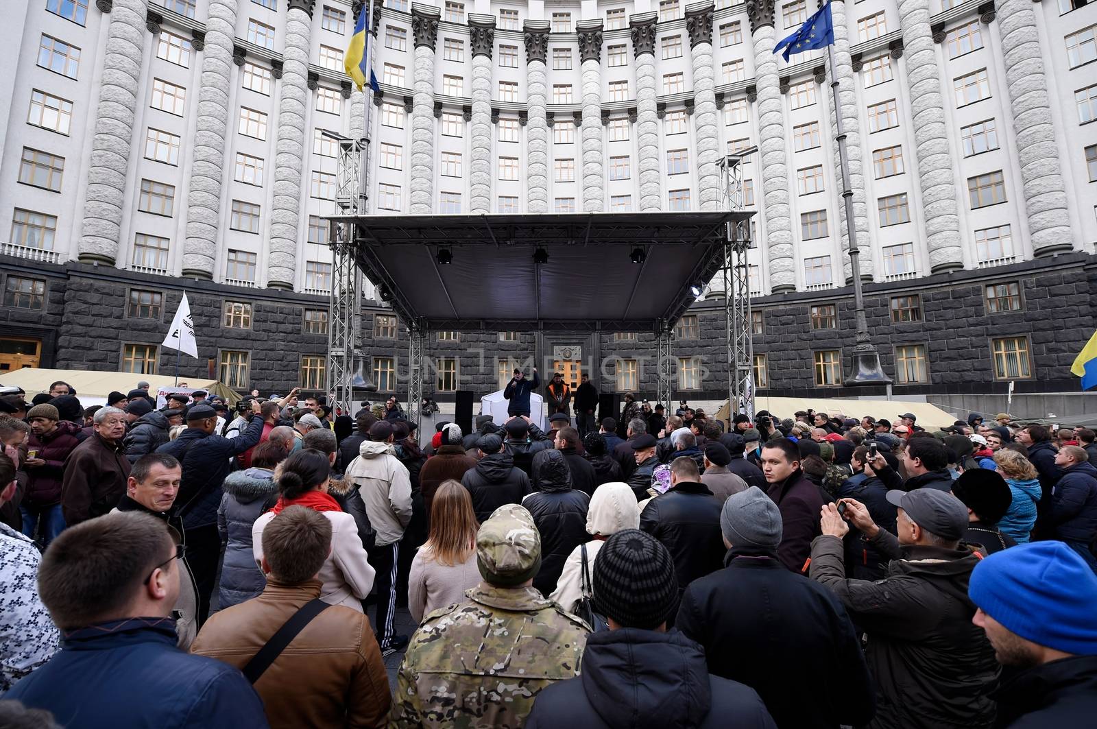 UKRAINE, Kiev: Radical Party leader Oleg Lyashko leads a protest outside the Cabinet of Ministers in Kiev, Ukraine on October 27, 2015, continuing a weeklong encampment as part of the Tariff Maidan protests. The movement calls on the government to establish fair utility tariffs for Ukraine, considered too high by protesters; along with the resignation of the president, prime minister, and cabinet of ministers.