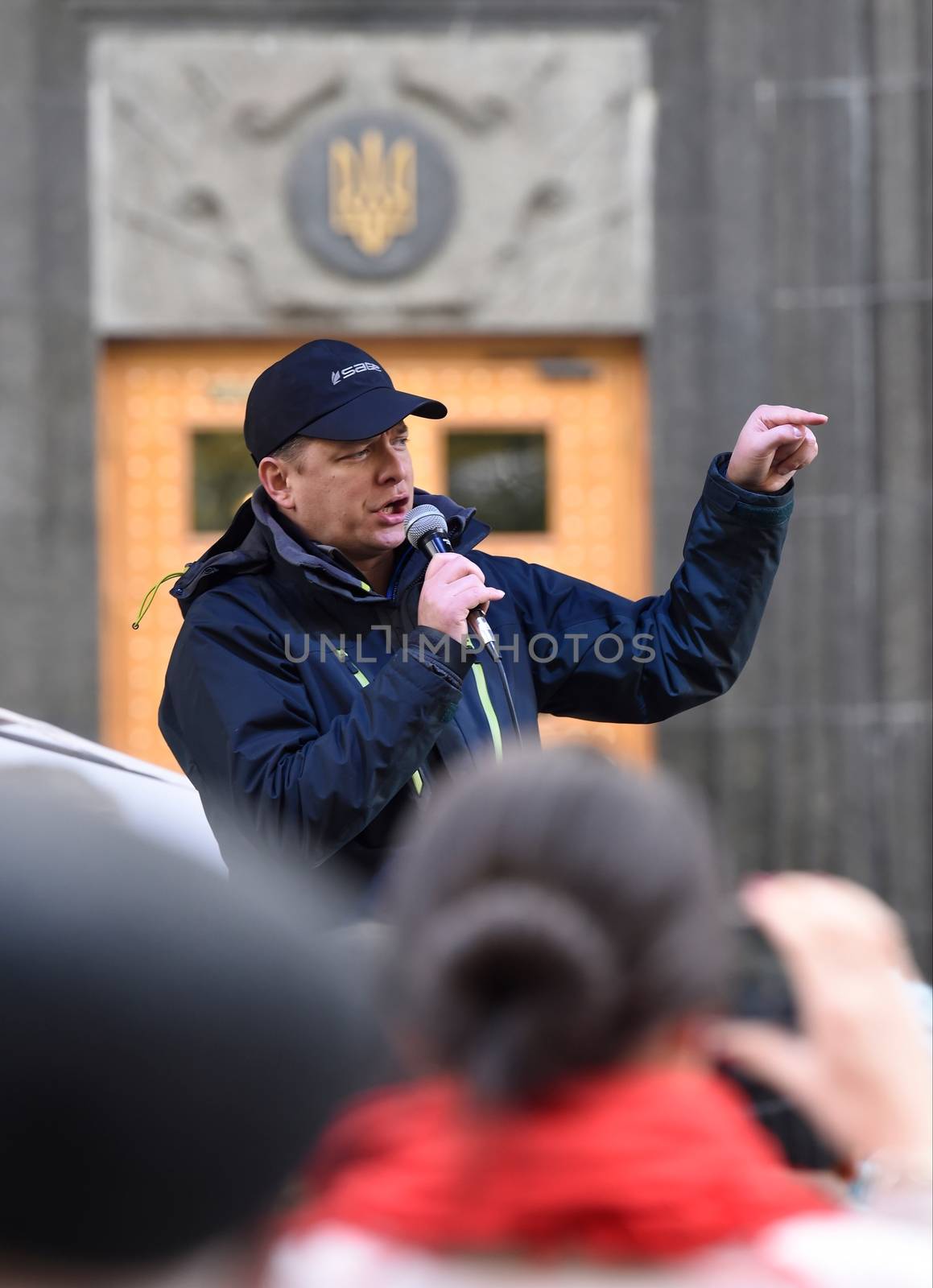 UKRAINE, Kiev: Radical Party leader Oleg Lyashko leads a protest outside the Cabinet of Ministers in Kiev, Ukraine on October 27, 2015, continuing a weeklong encampment as part of the Tariff Maidan protests. The movement calls on the government to establish fair utility tariffs for Ukraine, considered too high by protesters; along with the resignation of the president, prime minister, and cabinet of ministers.