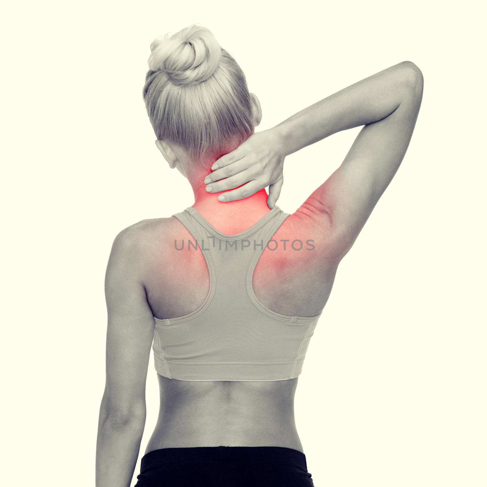 fitness, healthcare and medicine concept - sporty woman touching her neck