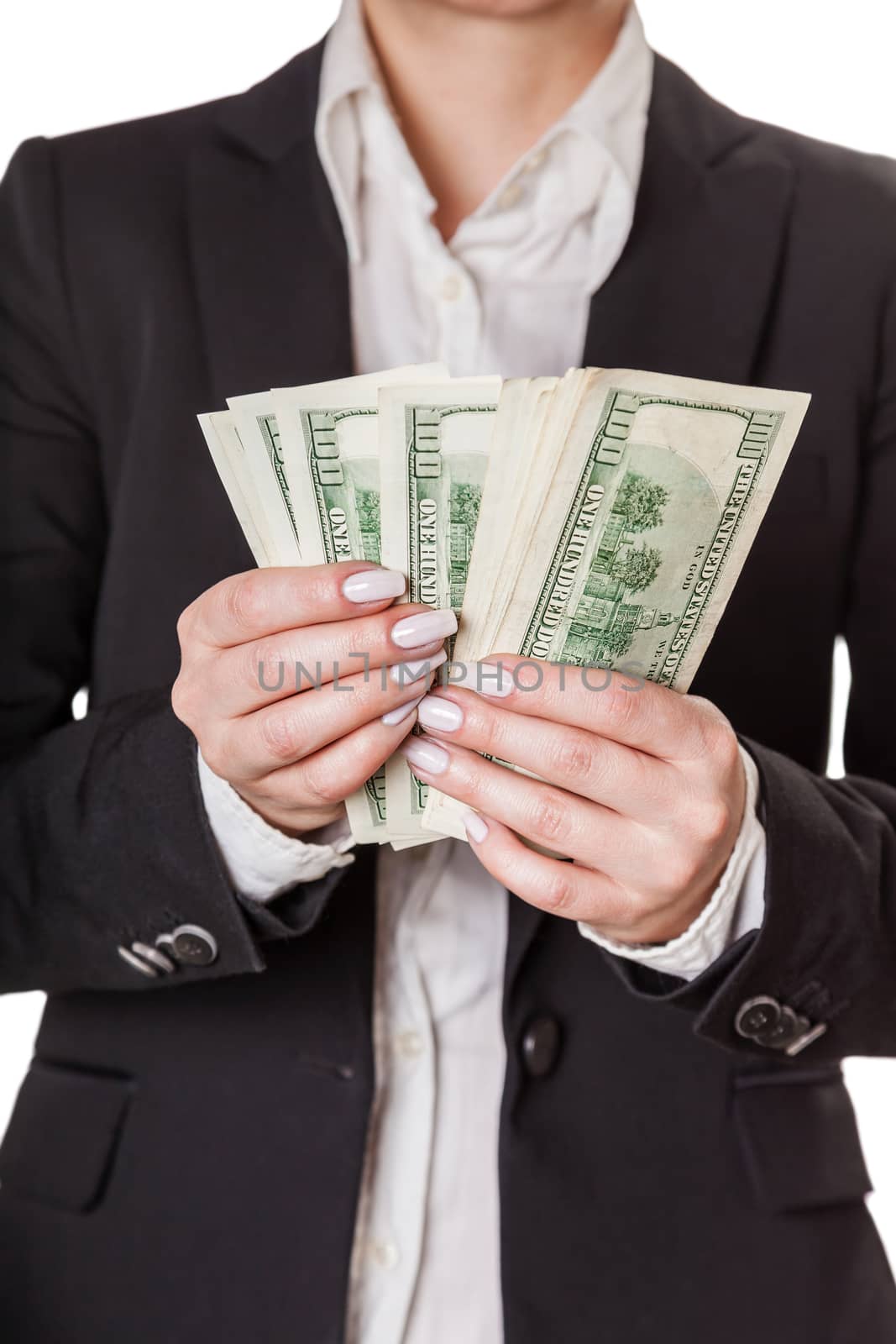 businesswoman counting money isolated on white background