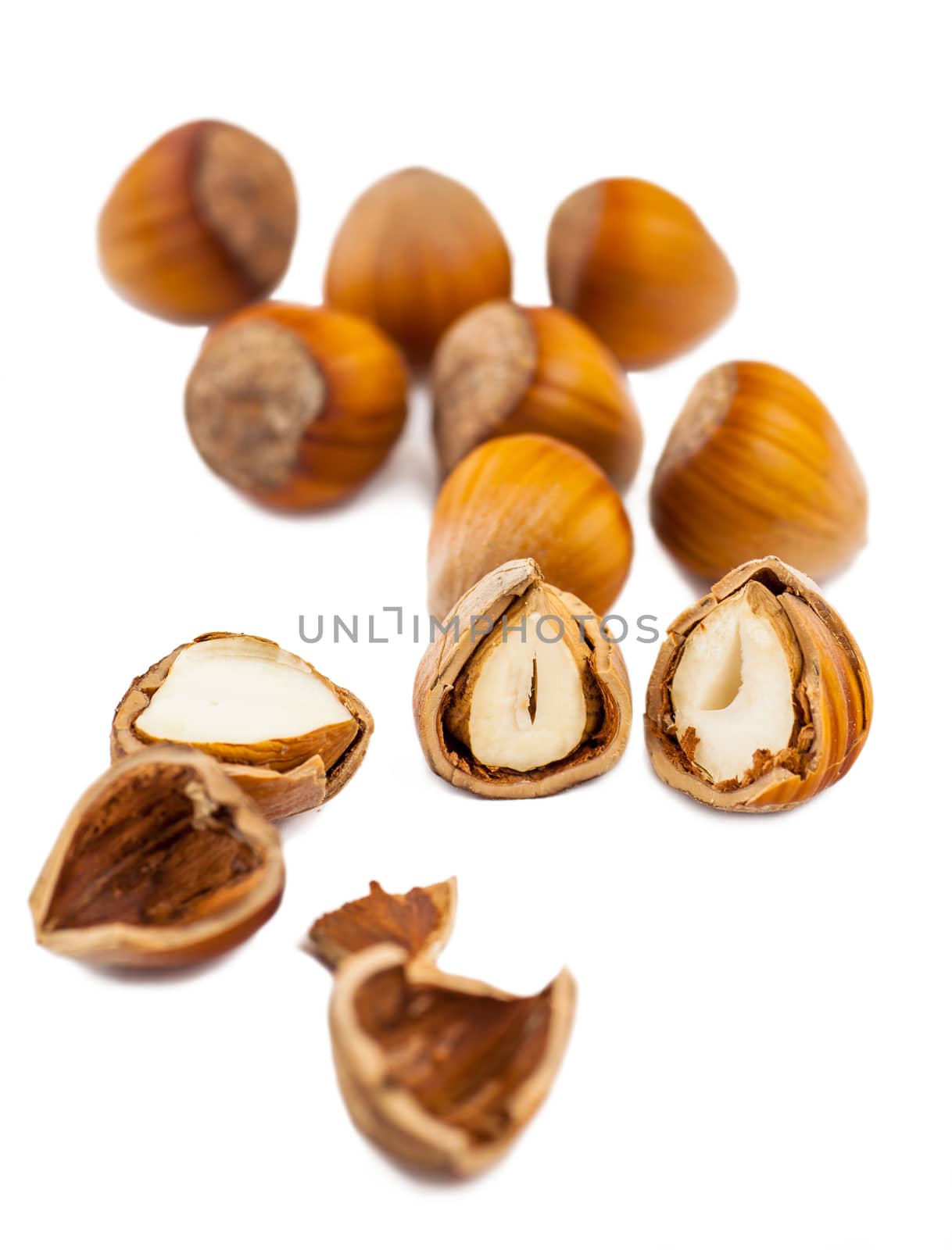 whole and split hazelnuts isolated on white background
