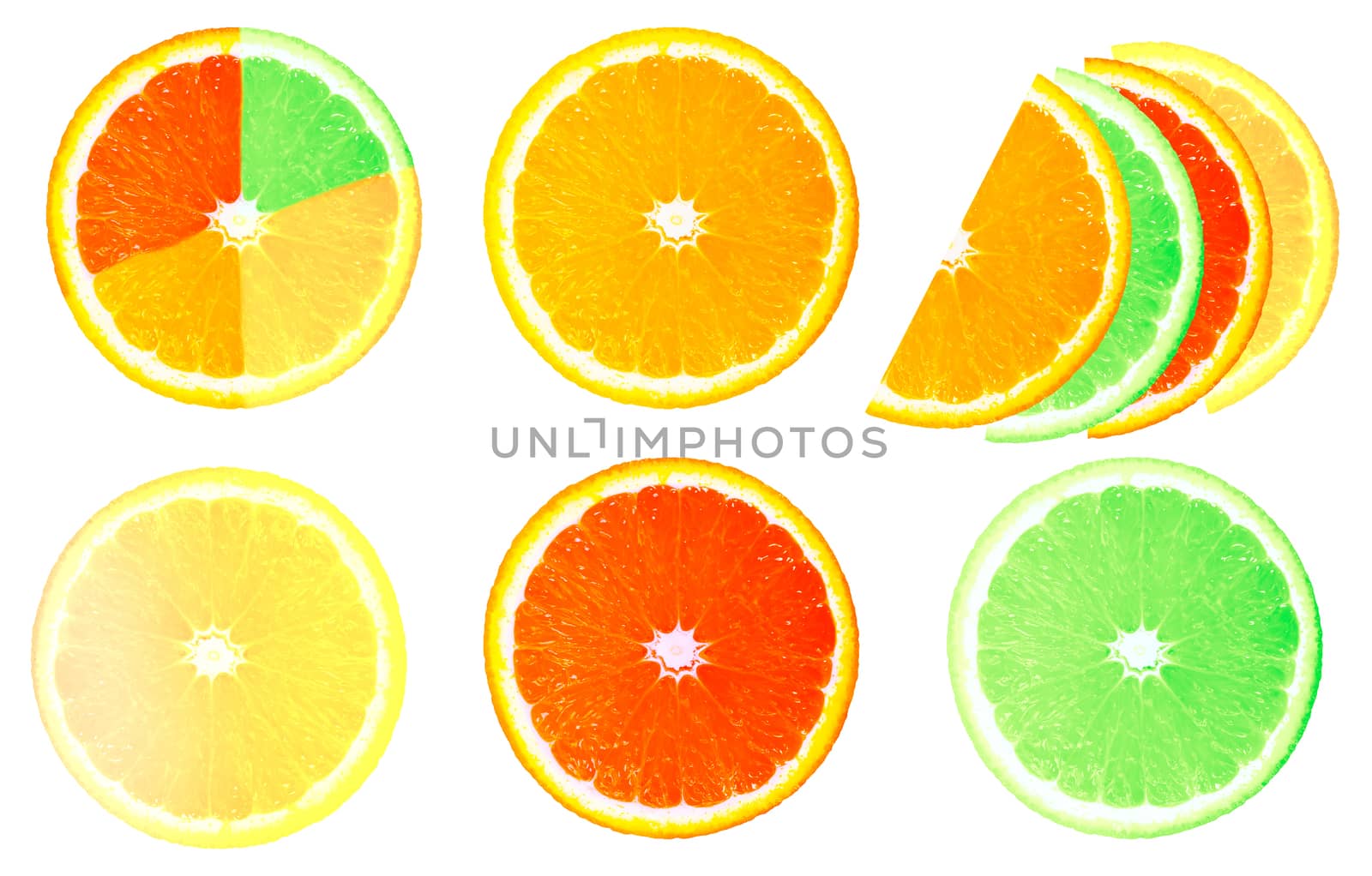collage of slices of lemon, orange, grapefruit isolated on white background