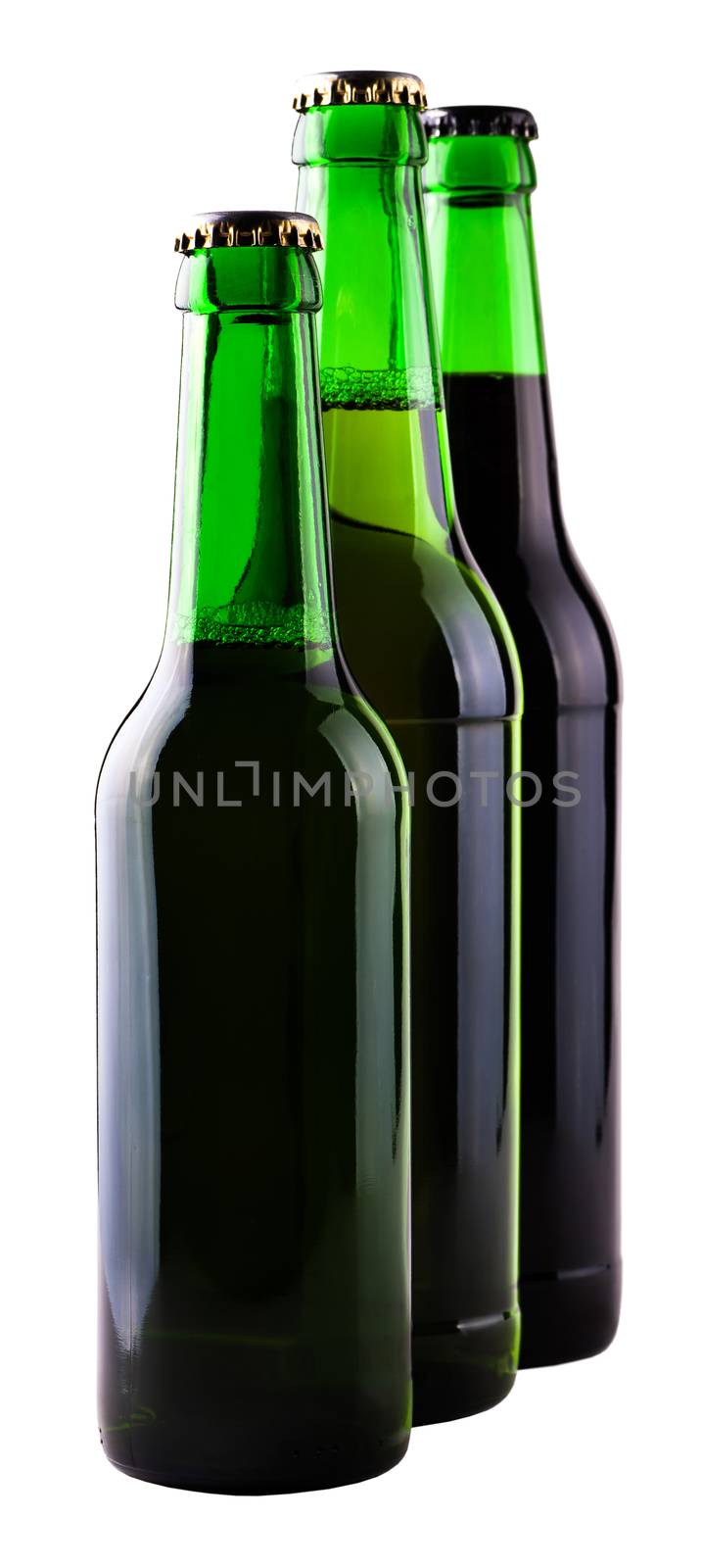 beer in glass bottles of different varieties isolated on white background