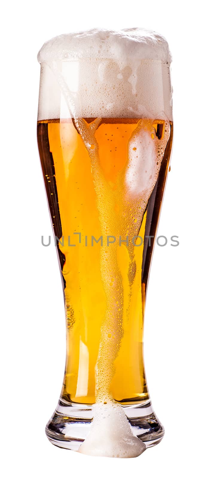 full glass of light beer isolated on a white background