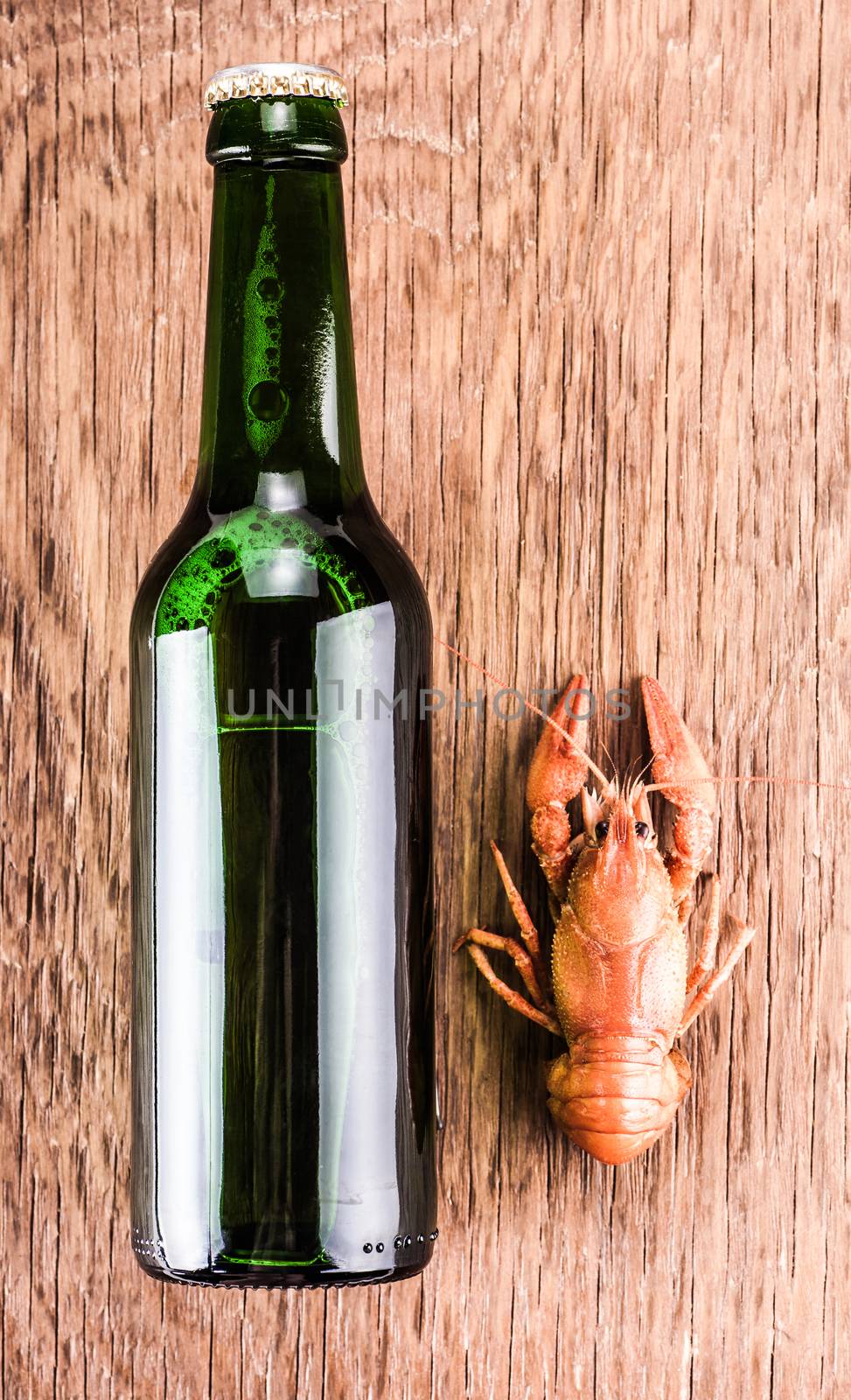 beer in a glass bottle and cancer on the wooden background