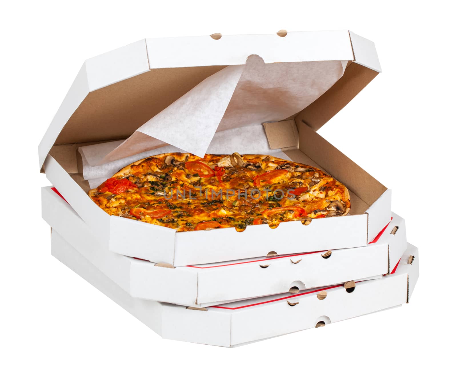 hot pizza in open box isolated on a white background