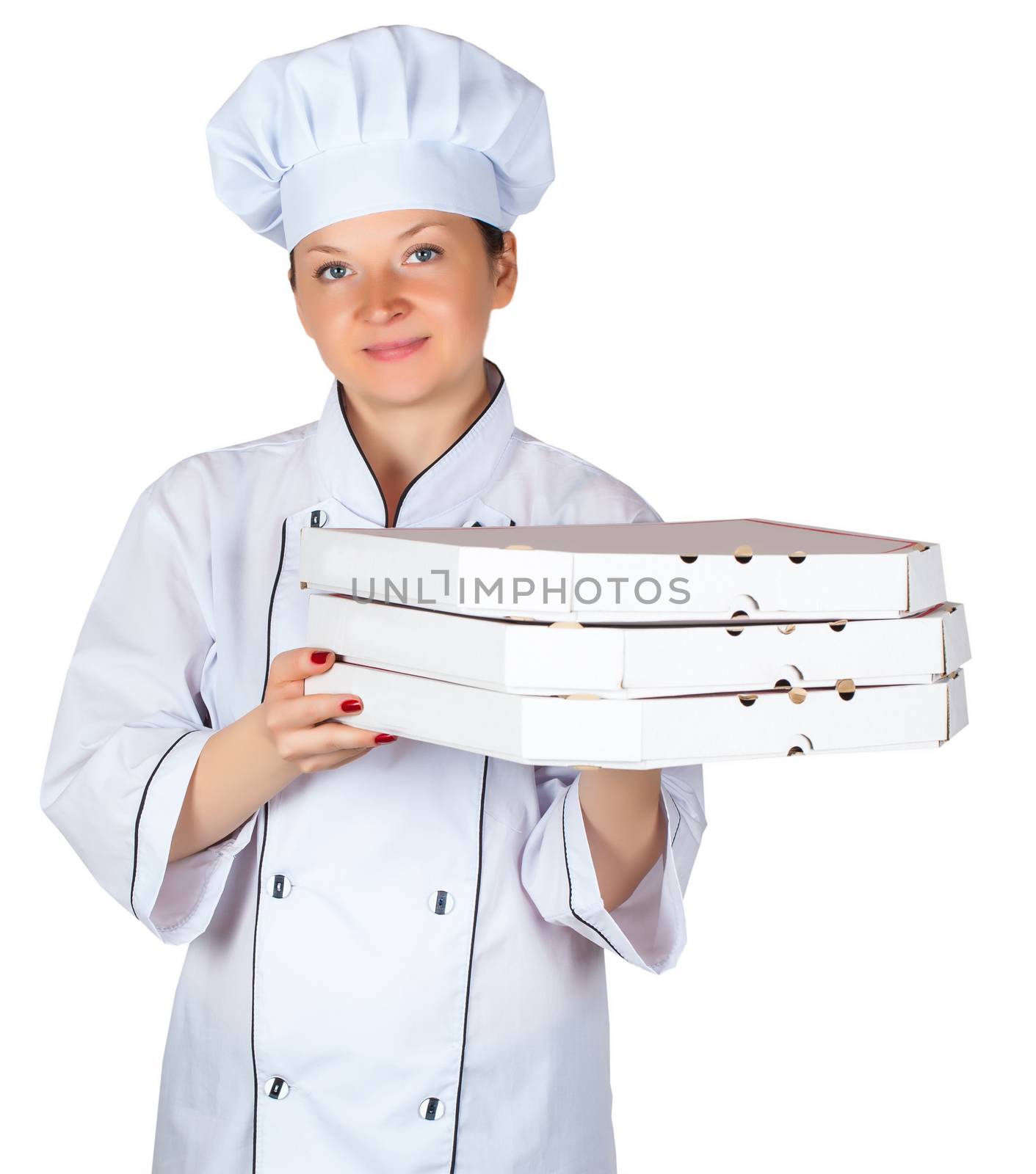 cook with pizza in box isolated on a white background