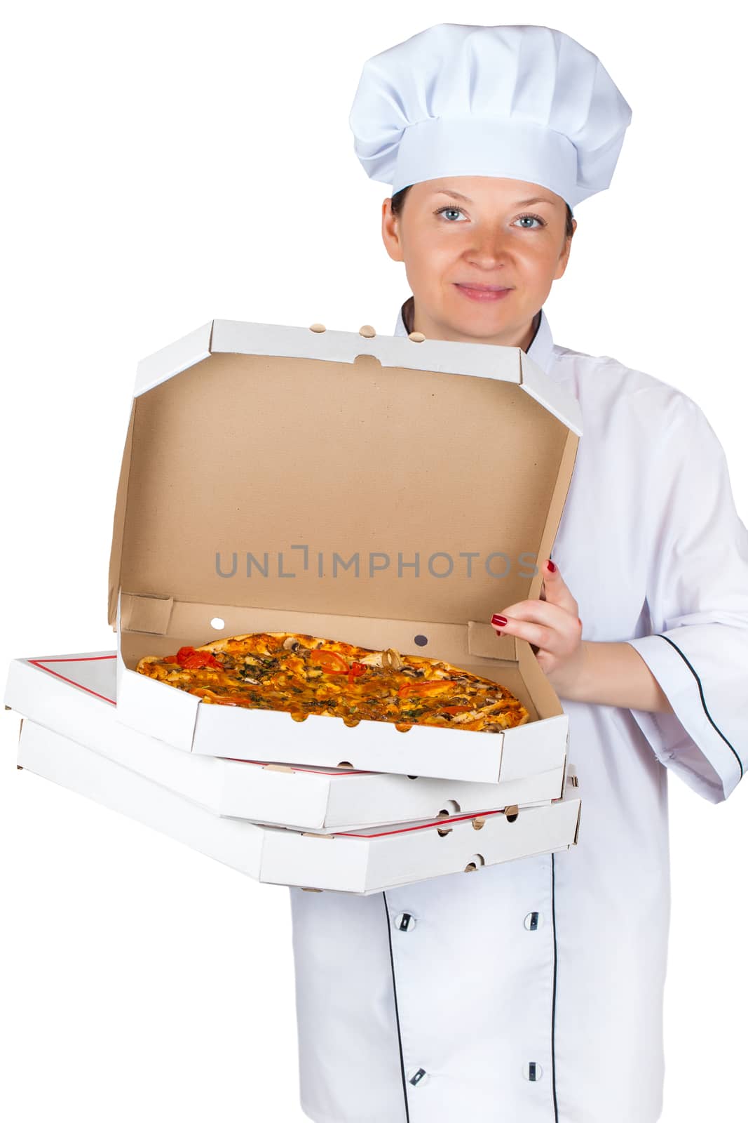 chef with pizza in box on a light background