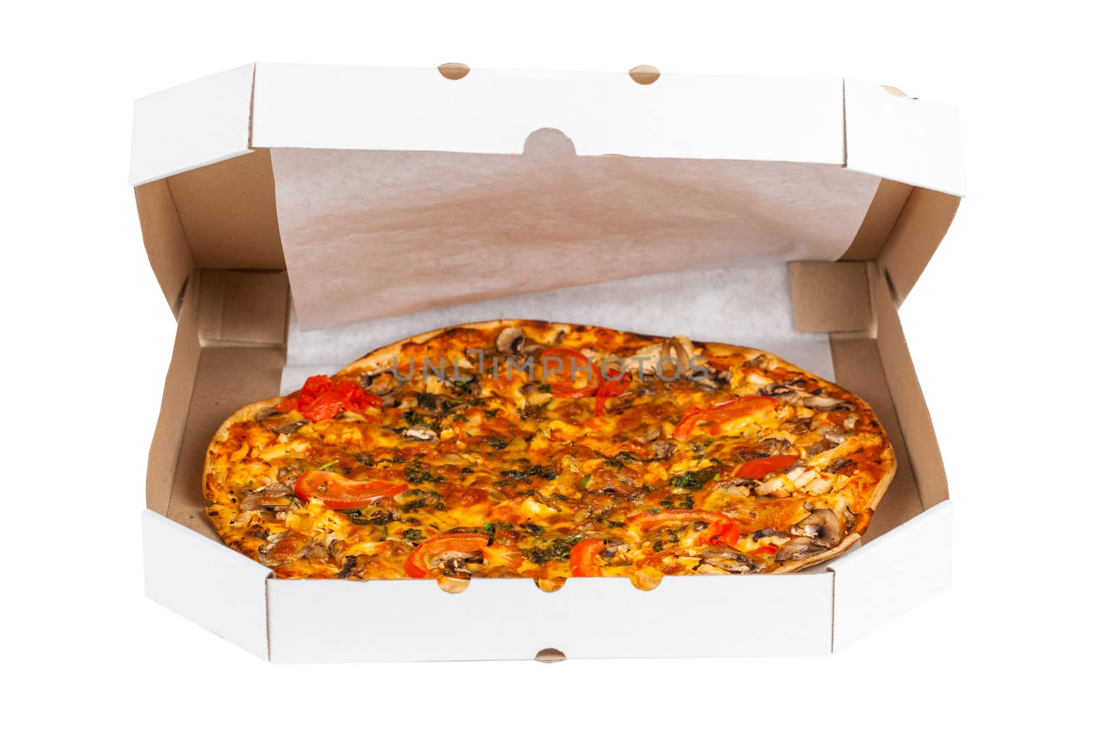 pizza in open box isolated on a white background