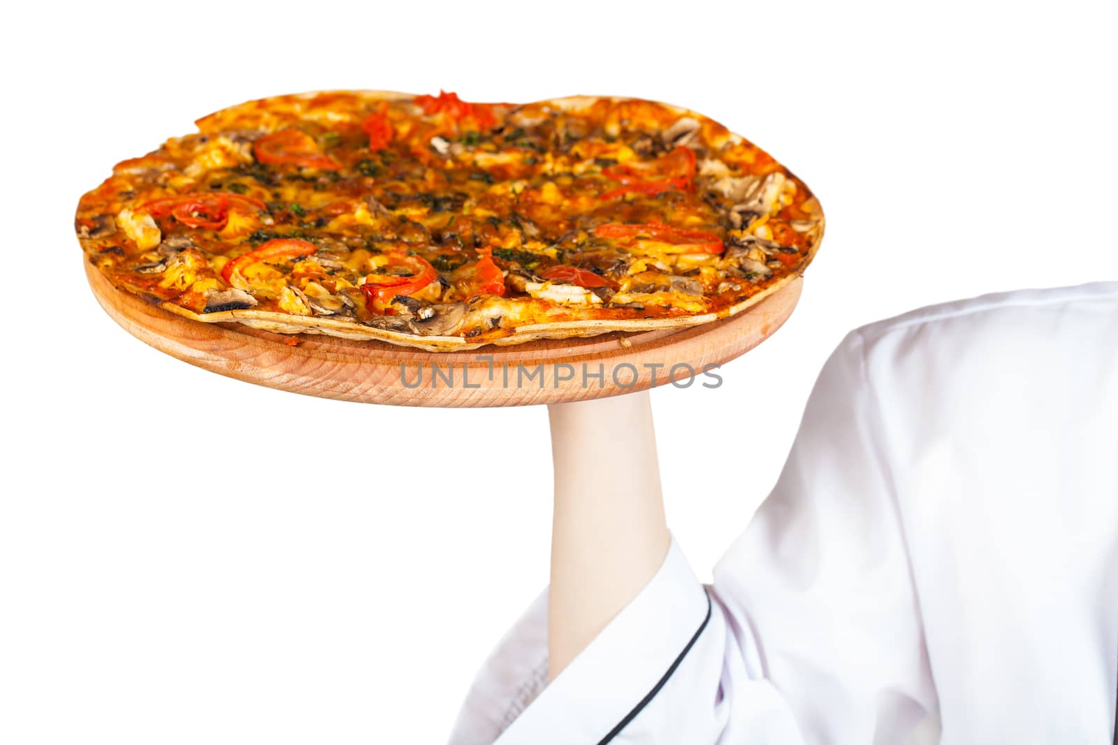hot pizza in hand isolated on white background