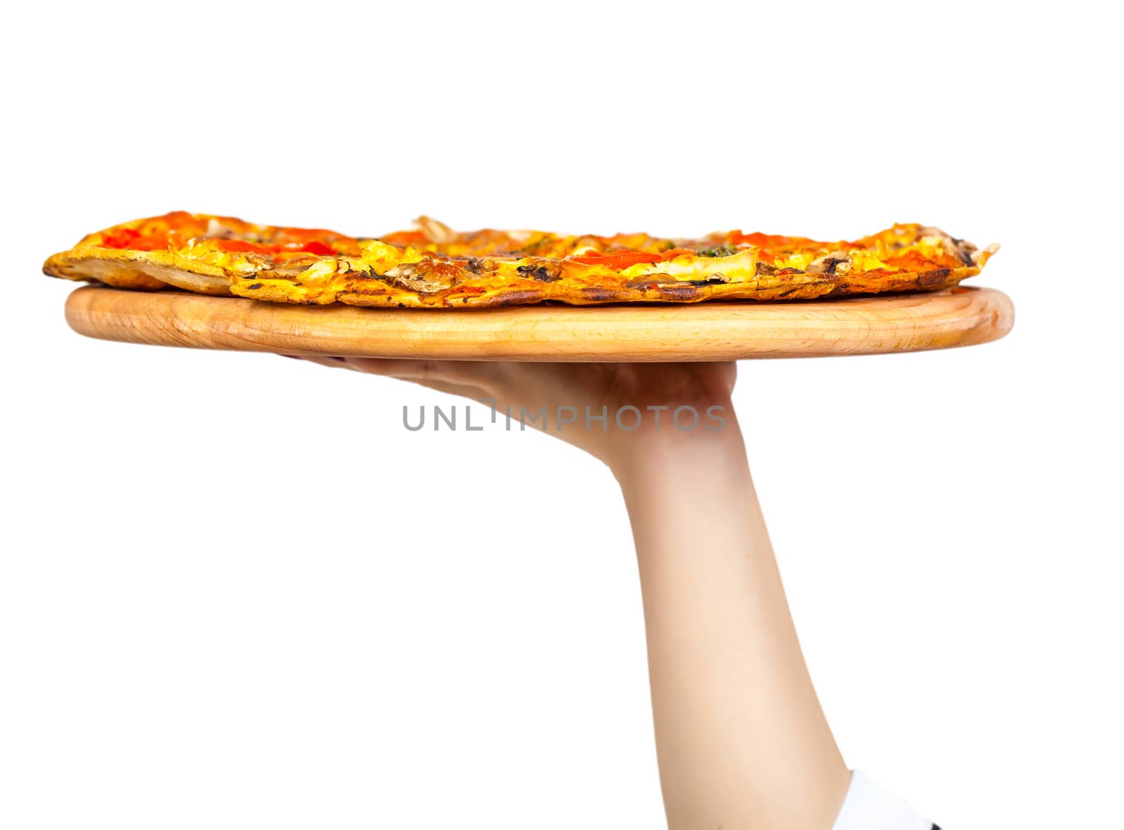 pizza in hand isolated on white background