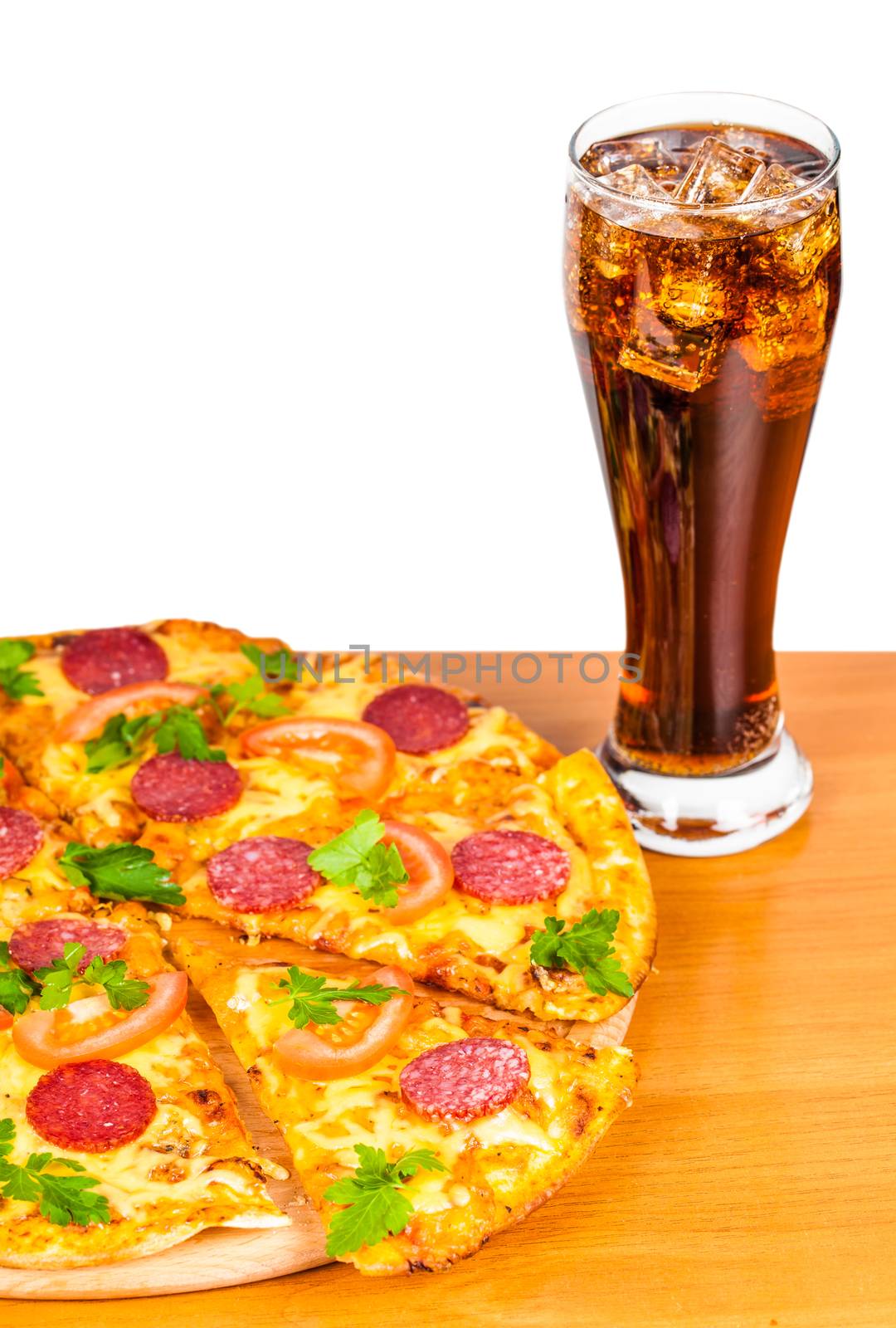 pizza and glass of Cola on a white background