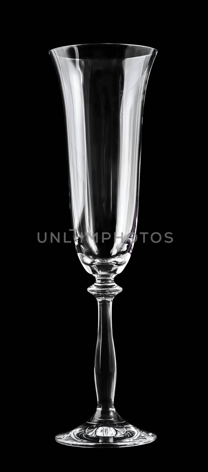 one empty champagne glass on a dark background