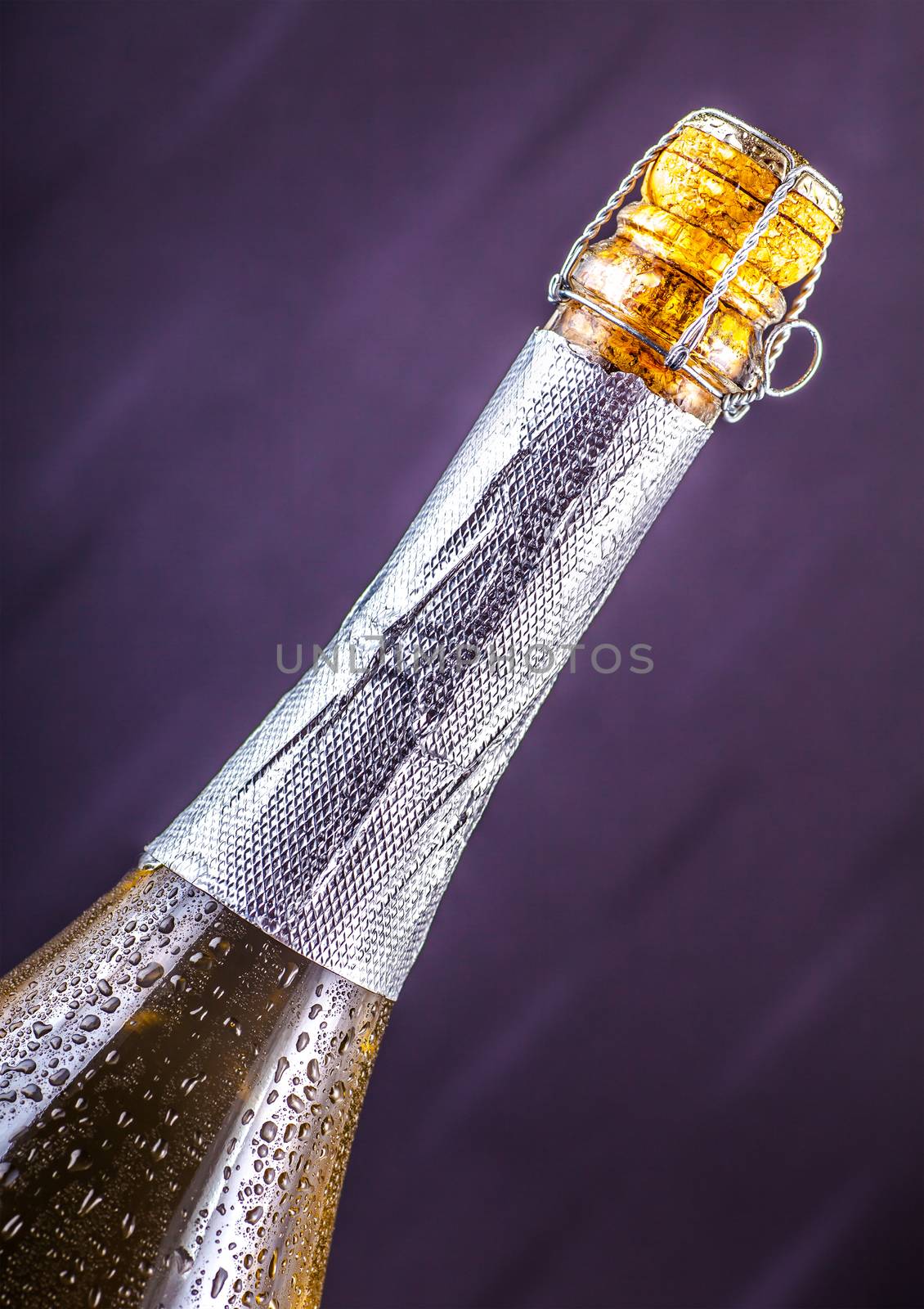 bottle of sparkling wine in drops on a dark background
