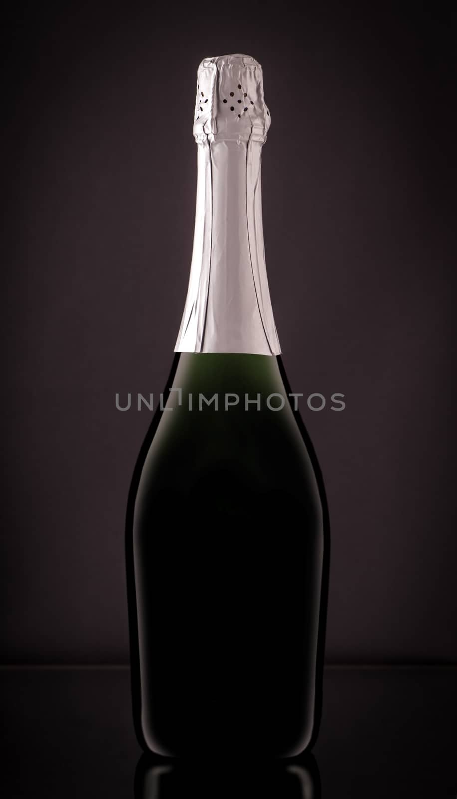 closed bottle of sparkling champagne on a dark background