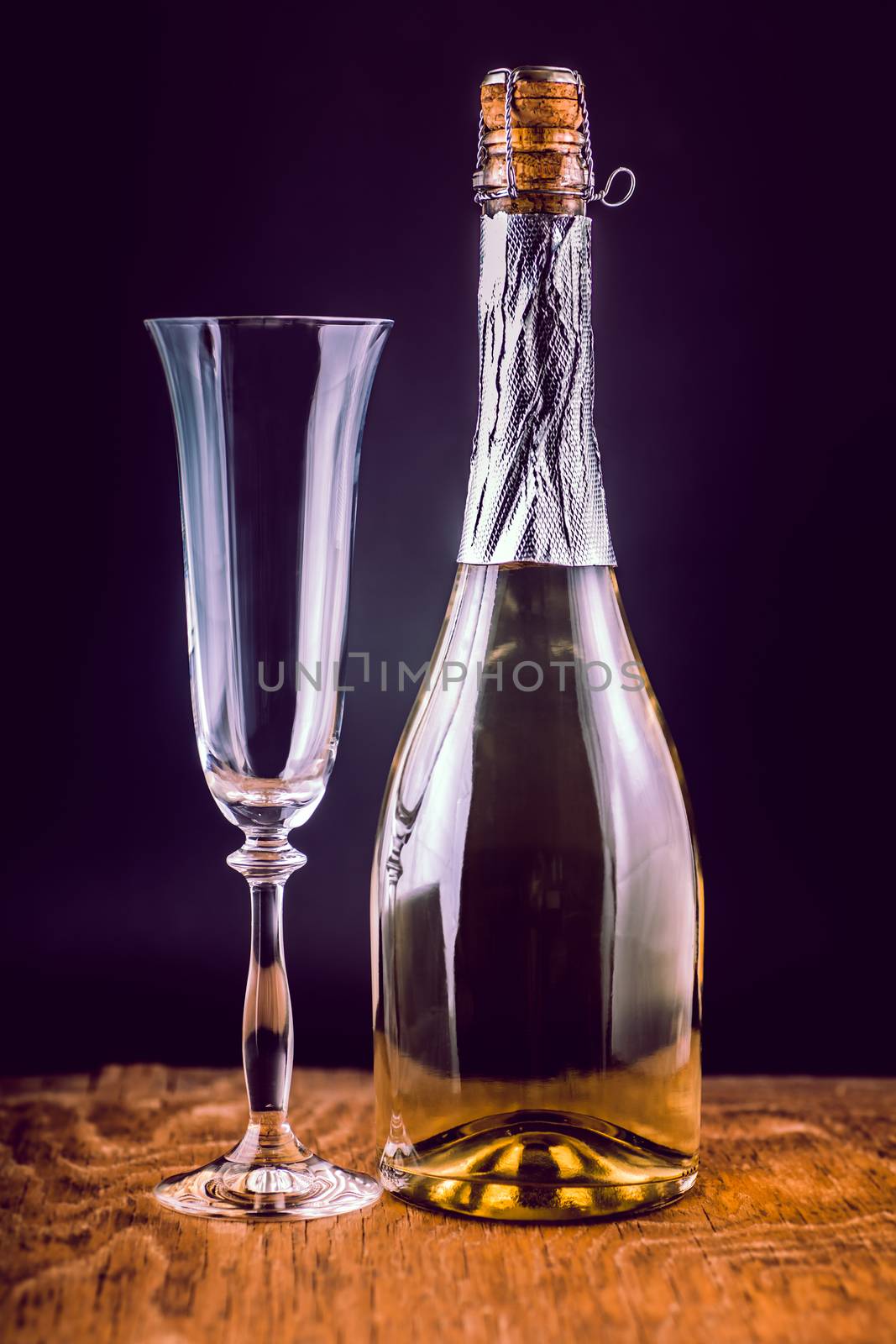 champagne bottle with empty glass on a dark background