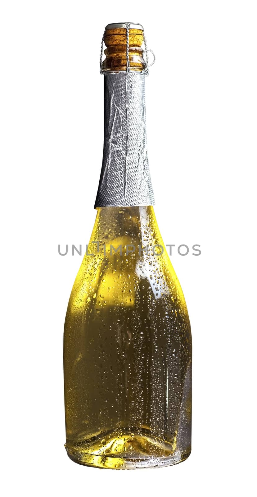 bottle of champagne in drops isolated on white background