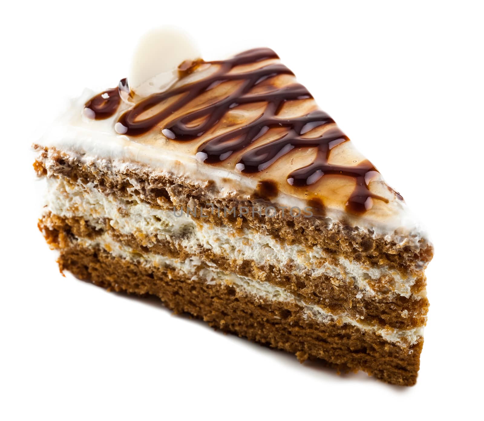 slice of chocolate cake on a white background isolated