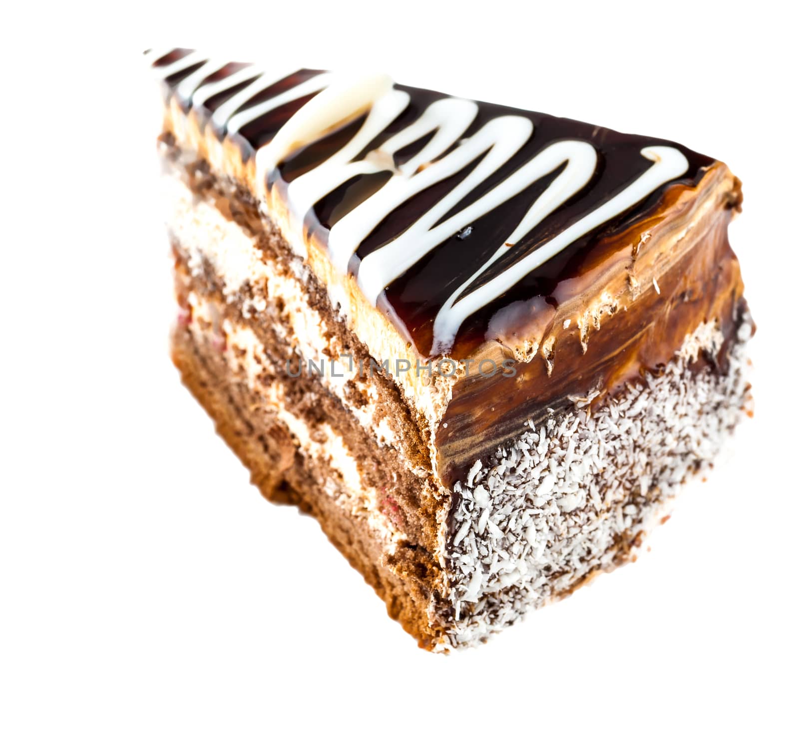 slice of chocolate cream cake isolated on a white background