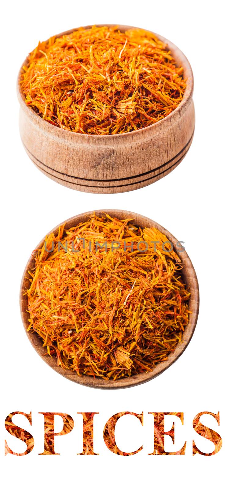 saffron in a wooden bowl isolated on white background