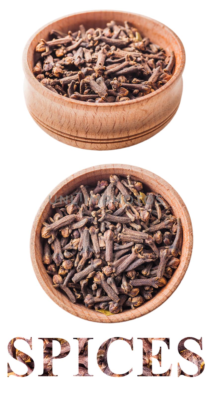 cloves in a wooden bowl isolated on white background