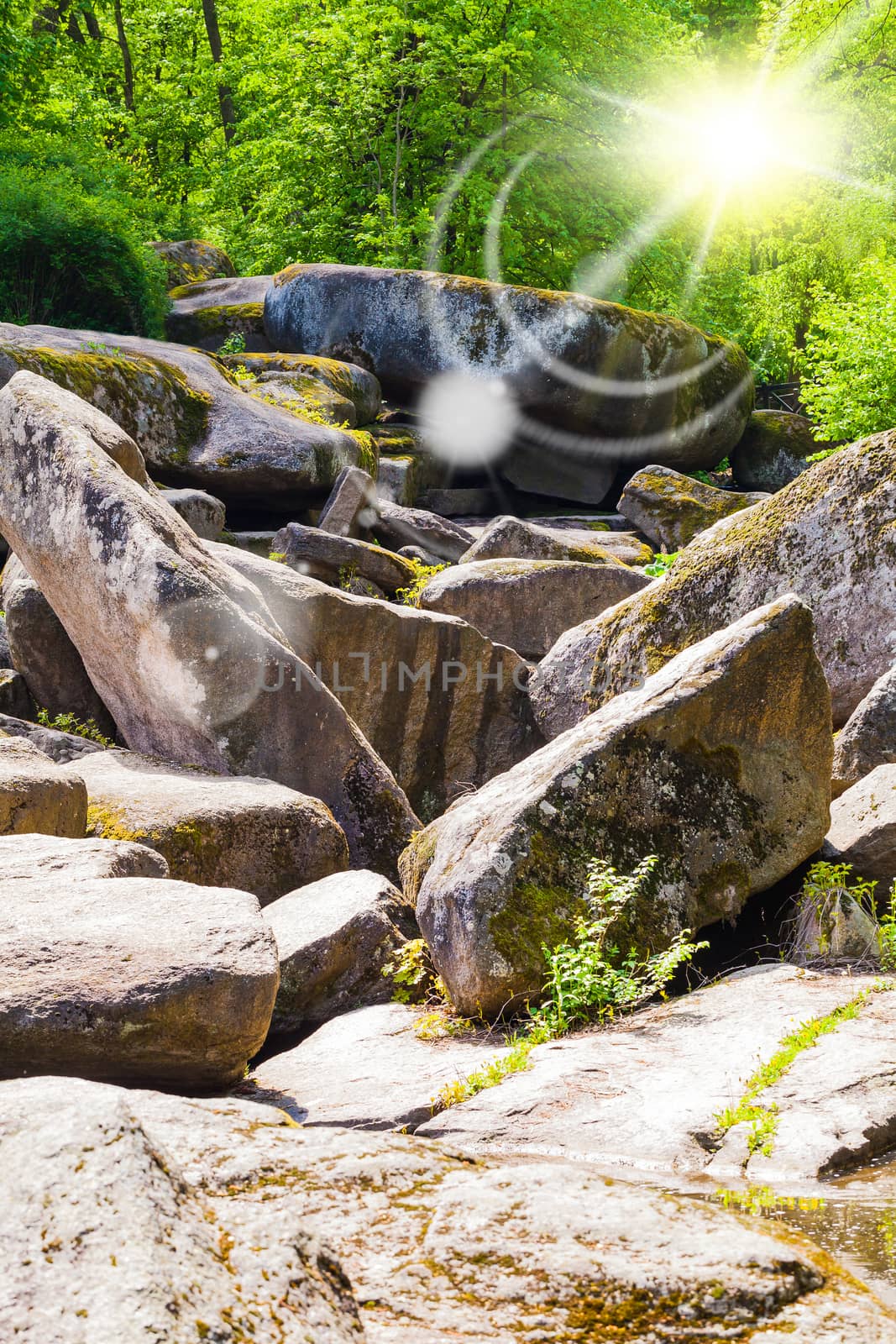 large rocky boulders covered with moss closeup