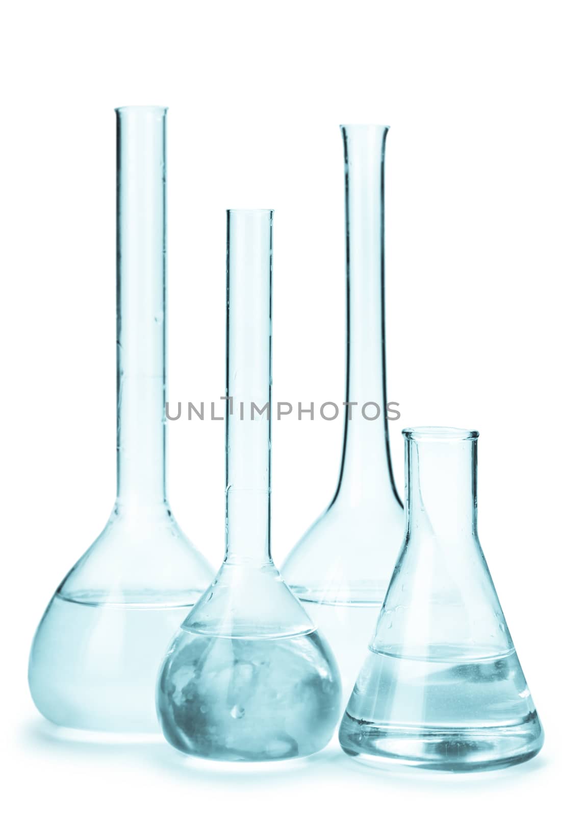 set of flasks with reagents isolated on white background