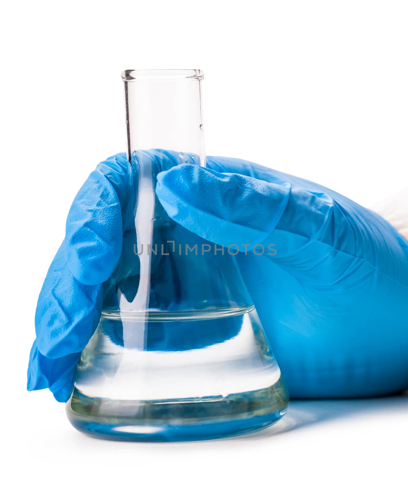 assistant holding a glass flask on a isolated white background